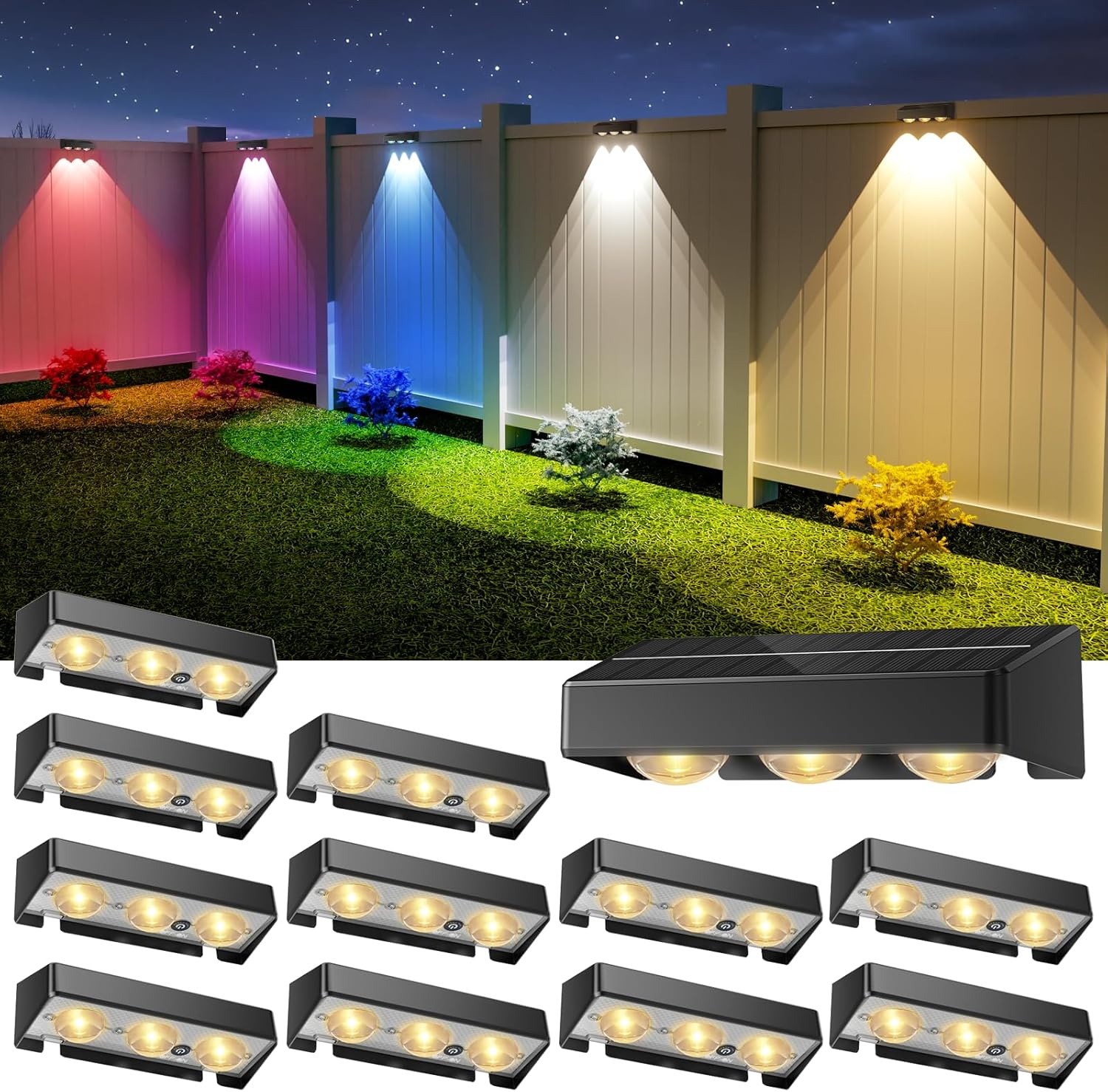 NIORSUN Solar Fence Lights,12 Pack Solars Deck Light,RGB Color,Outdoor Bulb Waterproof Led IP65,Power Patio Lamp with Lenses for Outside/Backyard/Railing/Yard(Black)