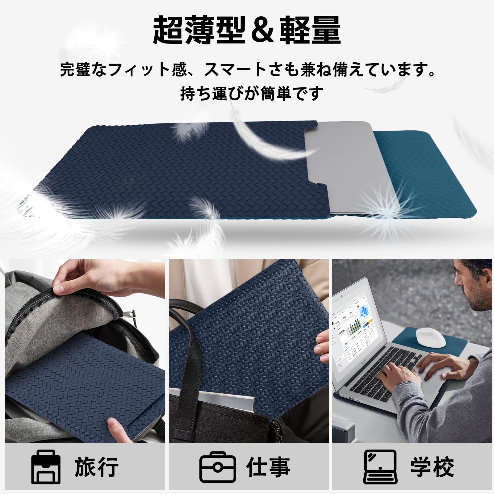 13 13,3 14 Pollici Custodia per Computer Portatile per MacBook Air 13/Pro 14 M4/M3/M2/M1/Pro/Max, PU Pelle intrecciata Portatile Sleeve per Surface Dell Lenovo HP PC Laptop 13''-14'', Blu