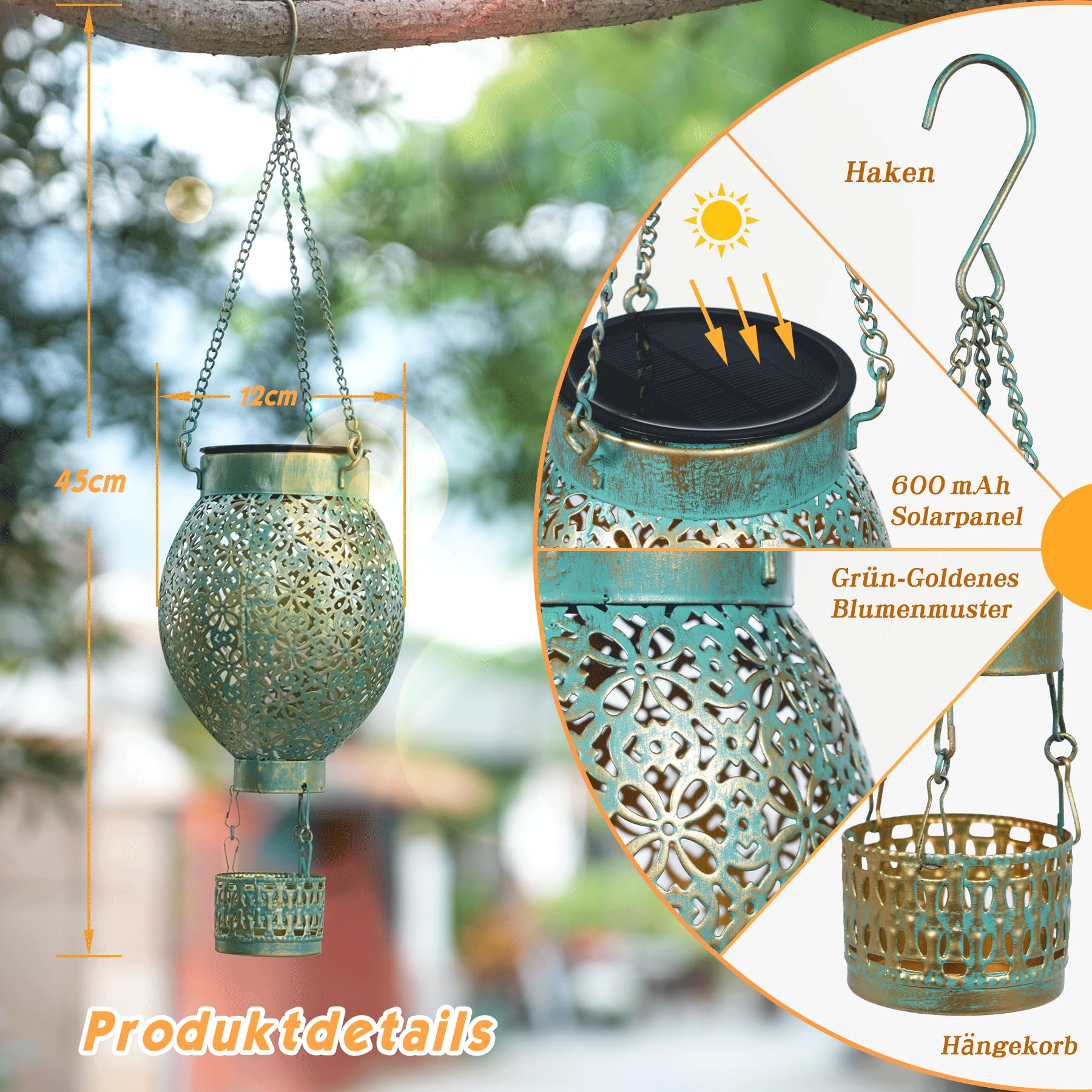 JOYCREATOR Lámparas solares colgantes para exteriores, 2 unidades, globo aerostático LED para exteriores, decoración de jardín, linterna solar de metal IP65, resistente a la intemperie, como regalos