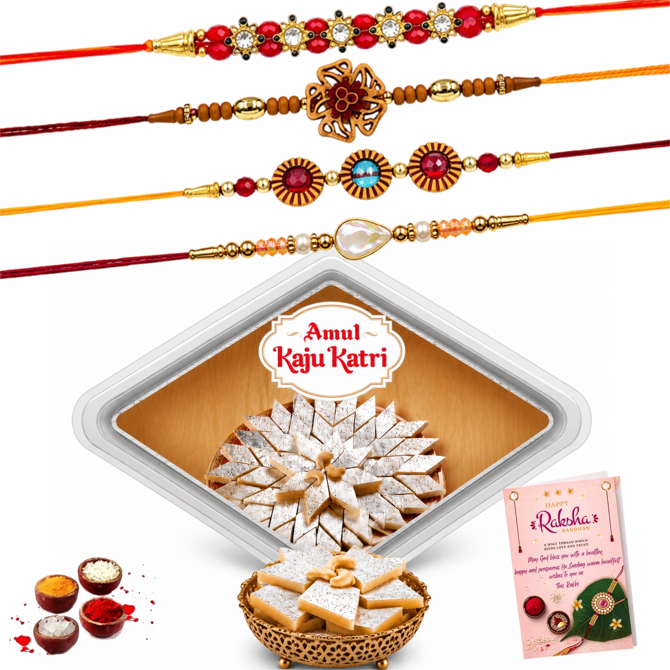 Rakhi with Sweets Kaju Katli Gift Hamper | Premium Rakhi Set of 4 for Brother, Bhai, Bhaiya & Bhabhi | Roli, Chawal, Chandan, Mishri & Greeting Card Included-image-1