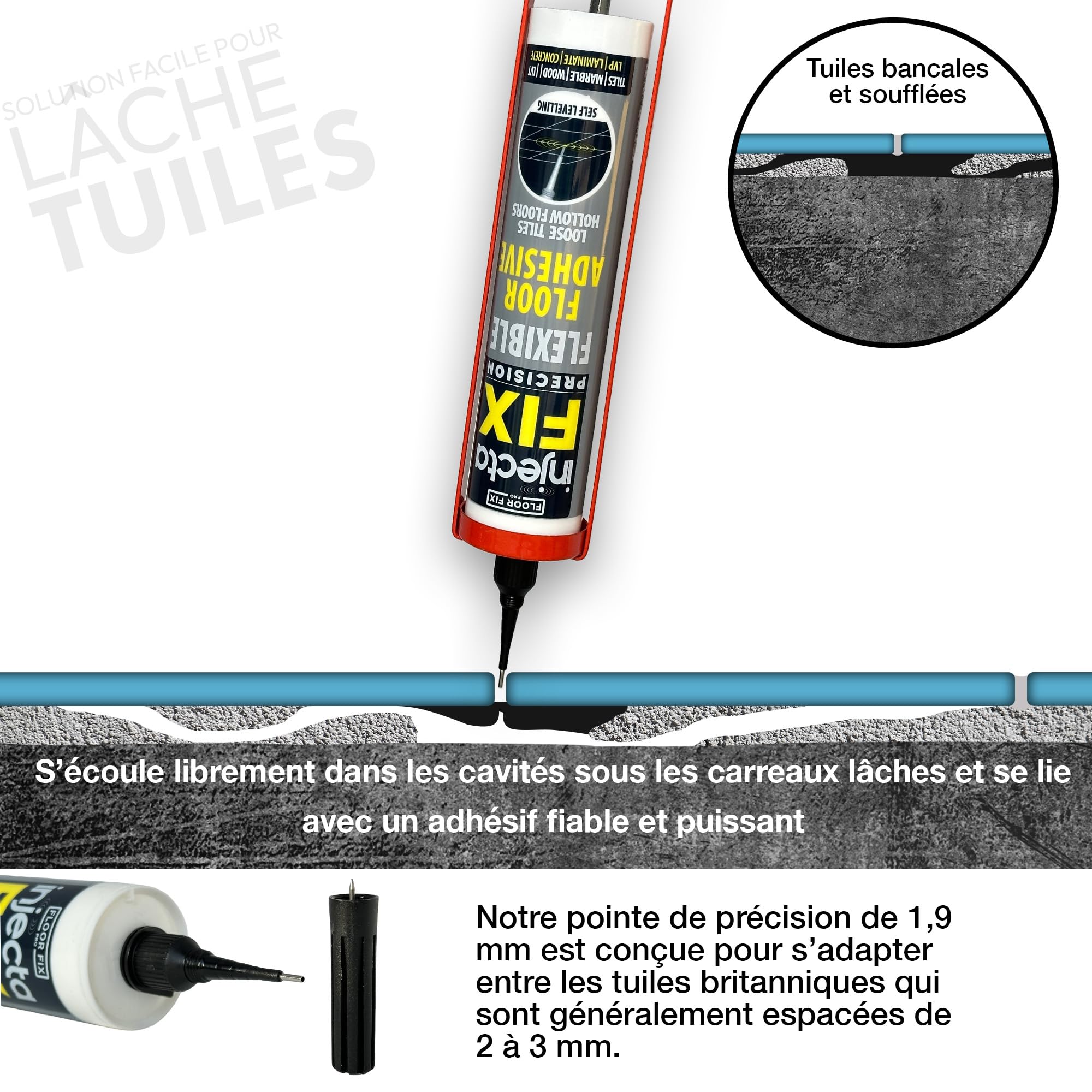 300ml De Floor-Fix Pro-Répare Les Carreaux Descellés Et Creux, Ultra-Résistant, S’écoule Sous Les Carreaux Et Adhère Rapidement. Comprend Une Pointe D’injection Brevetée De 1,9 mm (3)