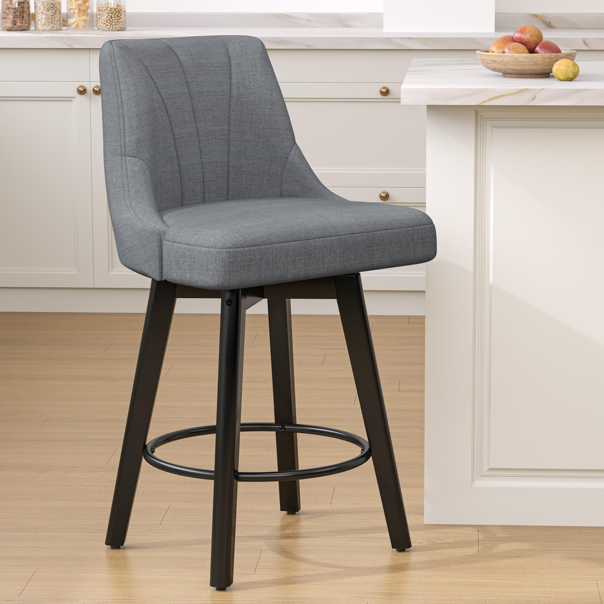 REONEY Counter Height Swivel Bar Stool, 24" Upholstered Fabric Barstools, Counter Stool Chair with Back & Solid Wood Legs for Kitchen Island Dining