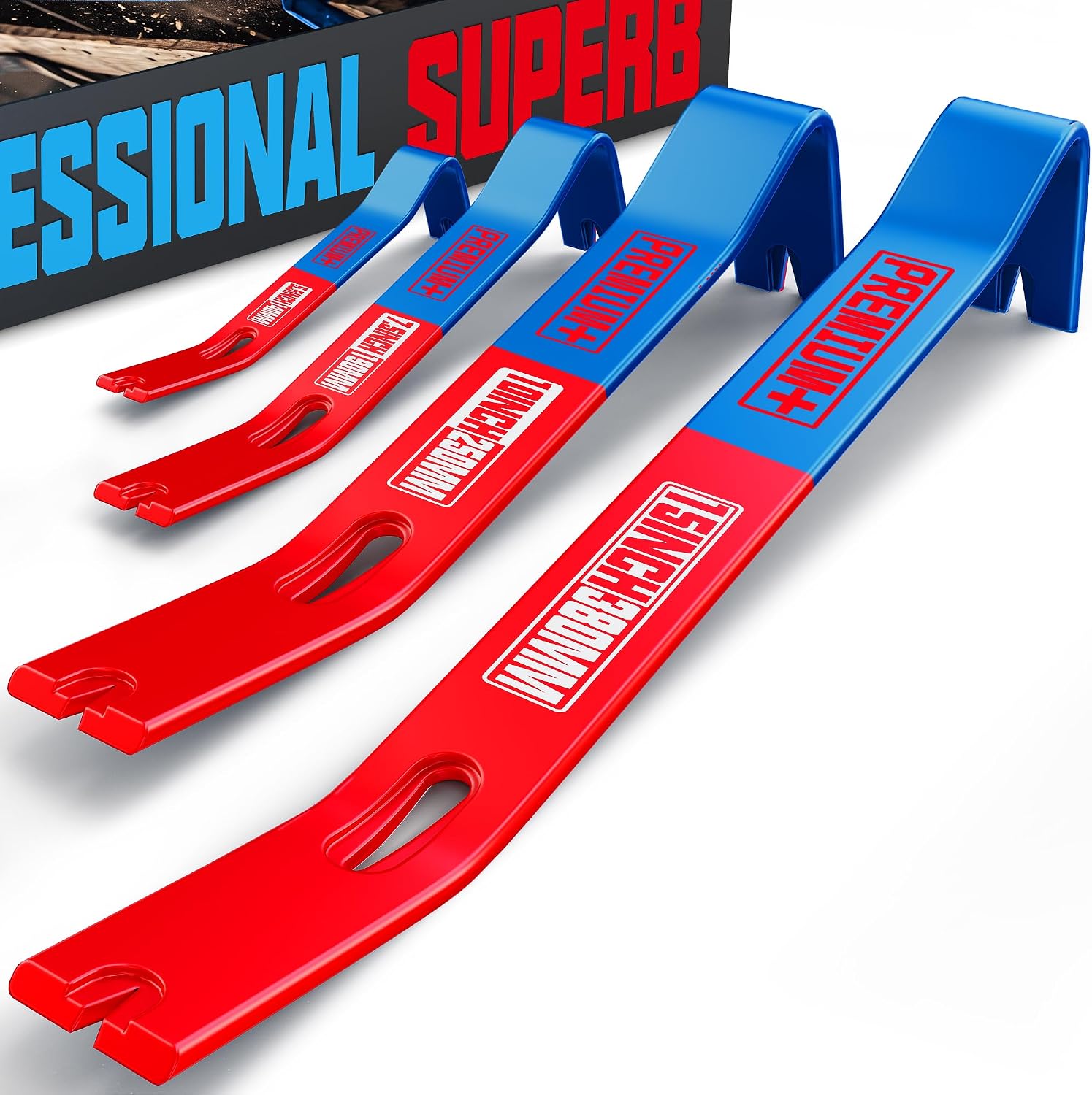 Heavy Duty Flat Pry Bar 4 pcs, 5.5" 7.5" 10" 15", Durable Crowbar with 3 Nail Puller Slots, Sturdy Claw Bar, Steel Nail Puller Tool for Woodworking, Automotive Repair, Demolition and DIY
