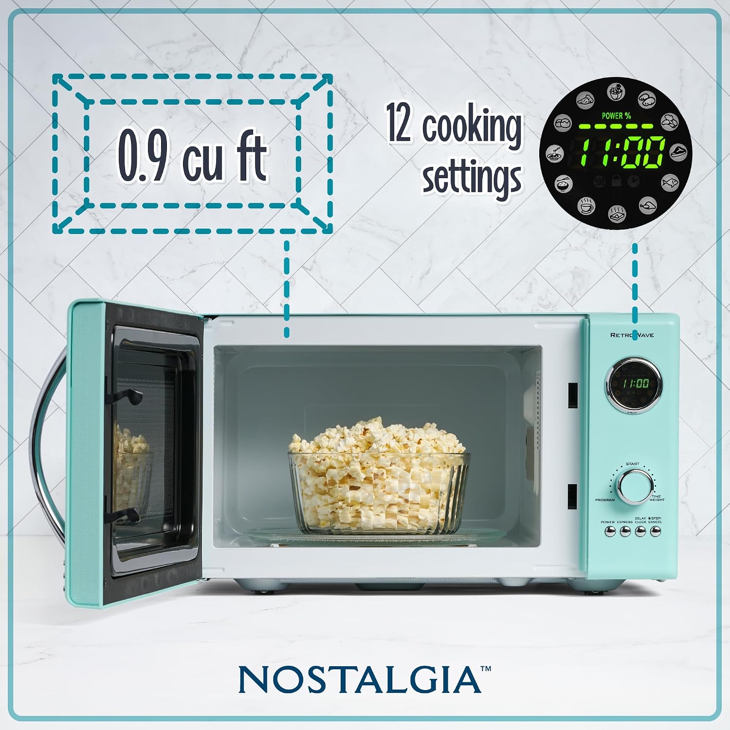 Nostalgia Retro Countertop Microwave Oven - Large 800-Watt - 0.9 cu ft - 12 Pre-Programmed Cooking Settings - Digital Clock - Kitchen Appliances - Aqua, view 2