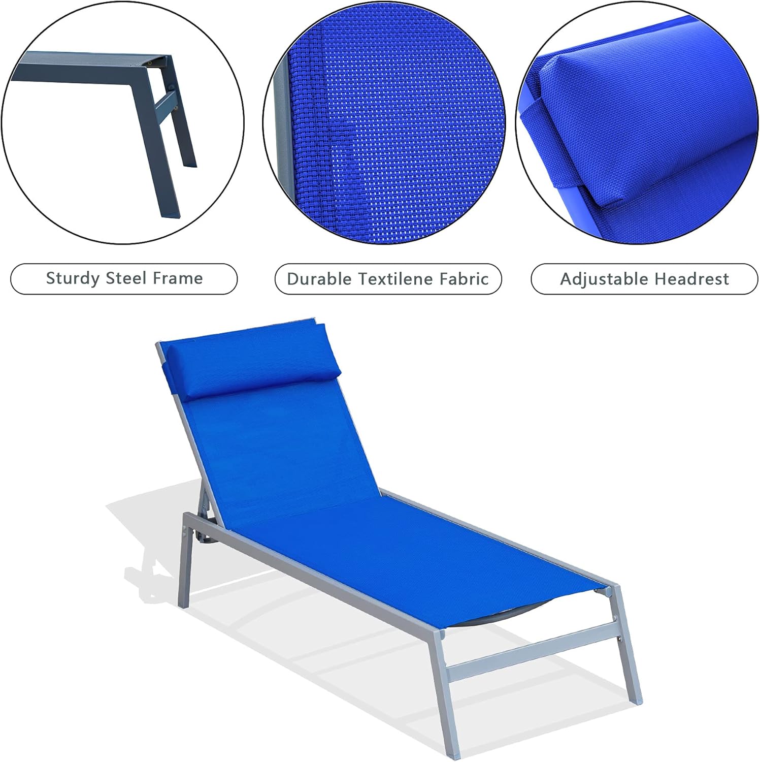 Domi Patio Chaise Lounge Set, Classic Pool Lounge Chairs with 5 Adjustable Posation, Breathable Textilene Fabric, Headrest and Table, Steel Frame Pool Chairs, Blue