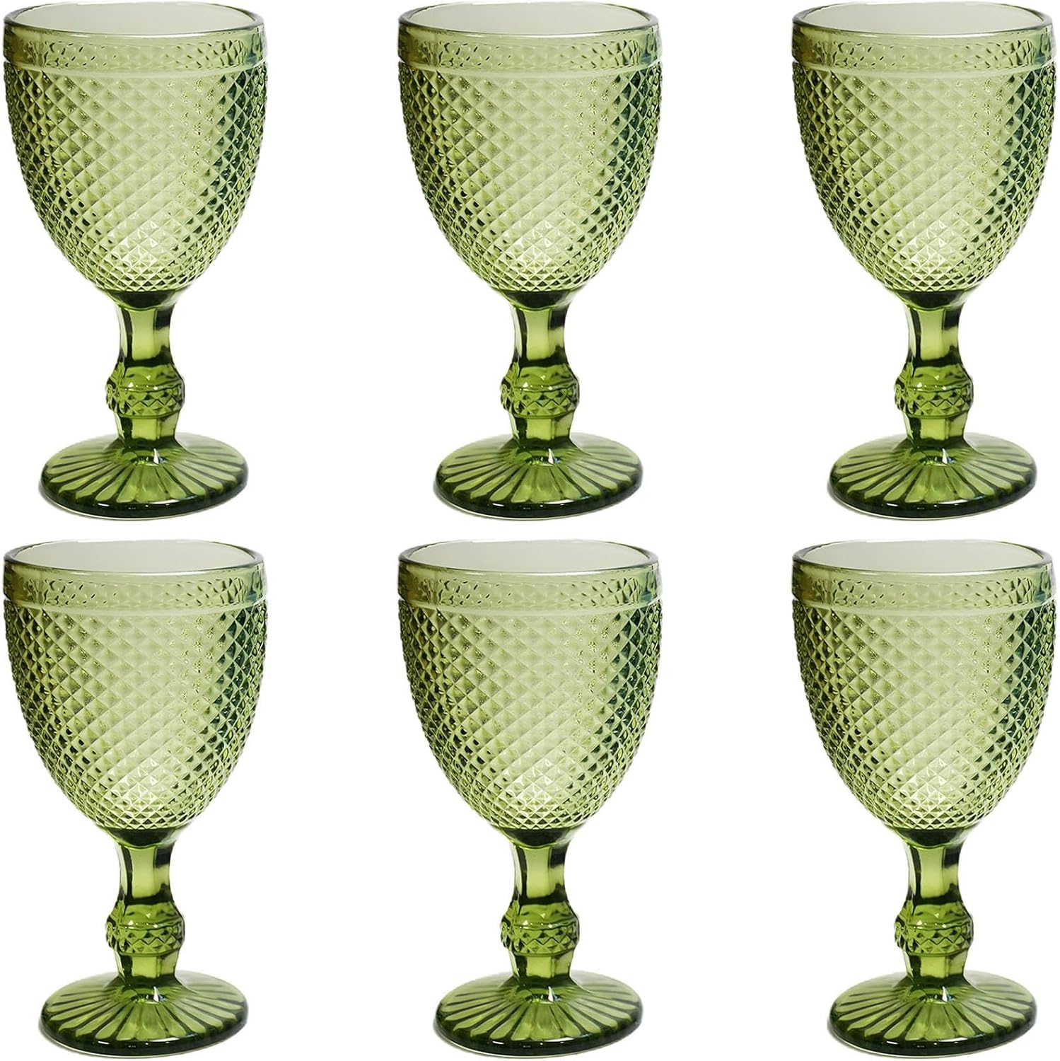 Taganov Green Drinking Glasses set of 6 Vintage Glassware Colored Wine Glasses Water Goblets 10 OZ for Wedding Party Bar Christmas Pretty Stemmed Cup Textured Stemware