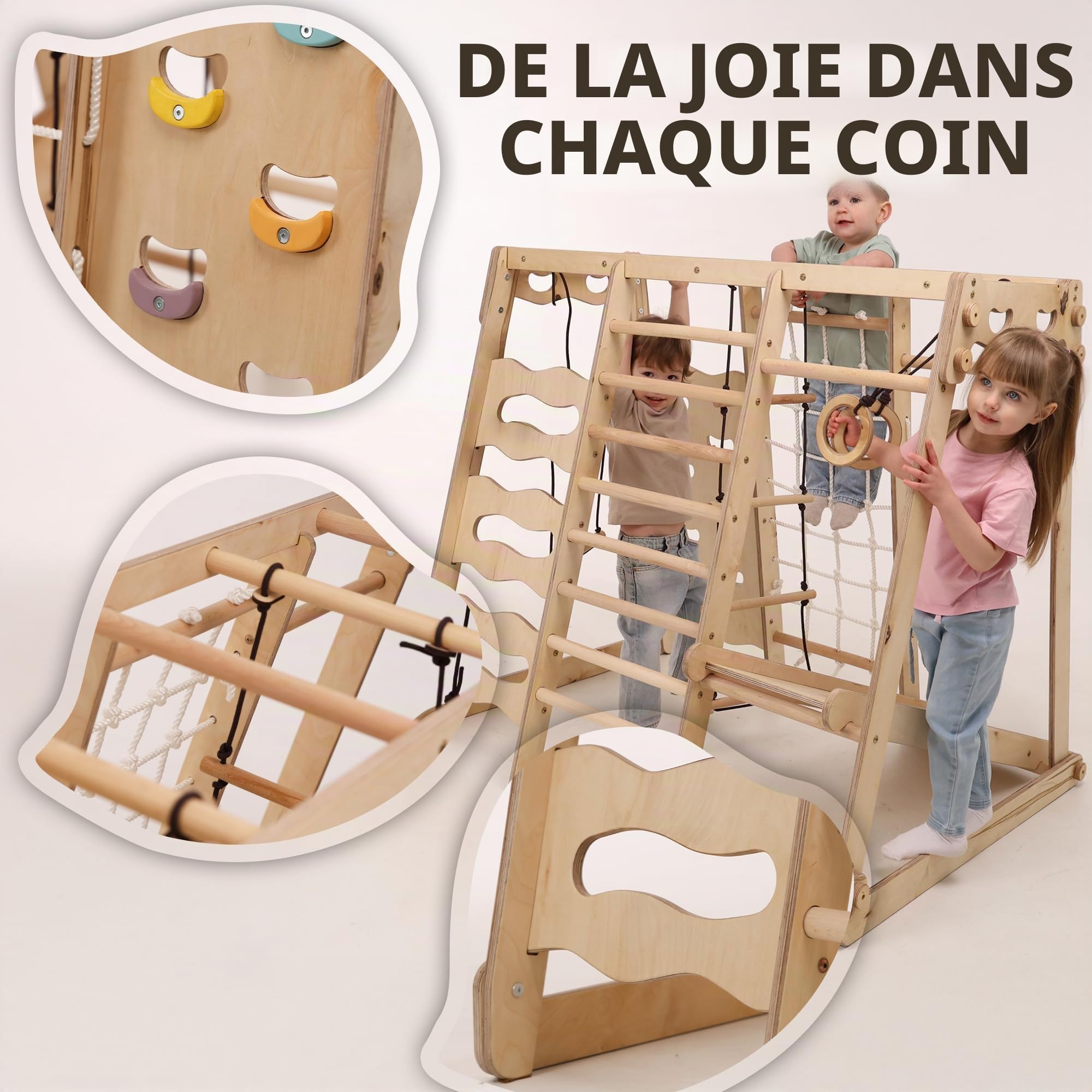 Jungle gym d’intérieur en bois 9-en-1 pour enfants, avec espalier suédois, barres de singe, barre de traction, anneaux, balançoire, échelle de corde, planche d’escalade, toboggan et plateforme
