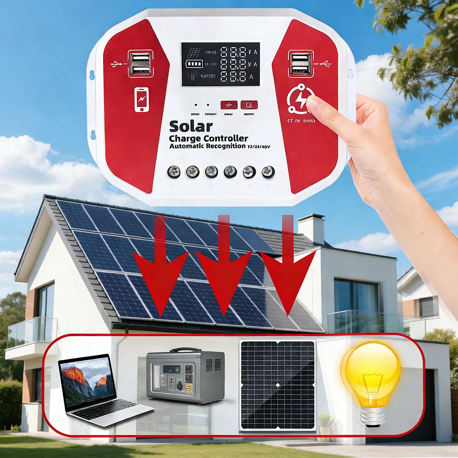 Asixxsix Regolatore di Carica Solare 100A, Display LCD con Rilevamento Automatico 12V 24V 36V 48V con Ricarica USB a 4 Porte, con Batterie Al Litio Gel AGM e Al Piombo