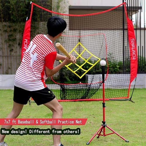 Miniatura 7 de Red de béisbol portátil y red de sóftbol de 7 pies x 7 pies, tee y red de béisbol y sóftbol, lanzamiento, red de bateo, red de práctica de swing,
