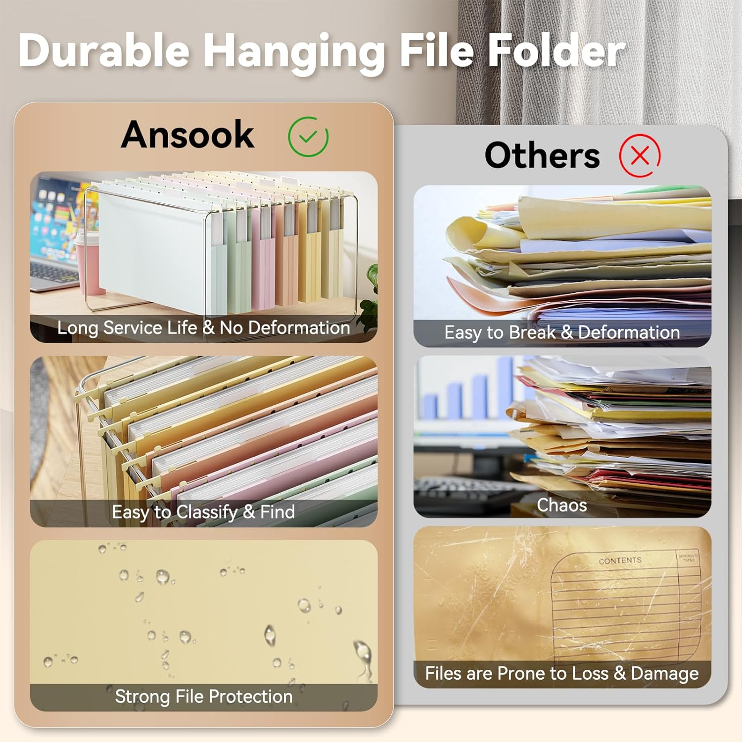 Ansook Plastic Hanging File Folders Legal Size,12 Pack Extra Capacity Expandable Legal File Folder Hanging with Tabs,Heavy Duty 1" Filing Cabinet Folder for Documents,Hanging File Organizer