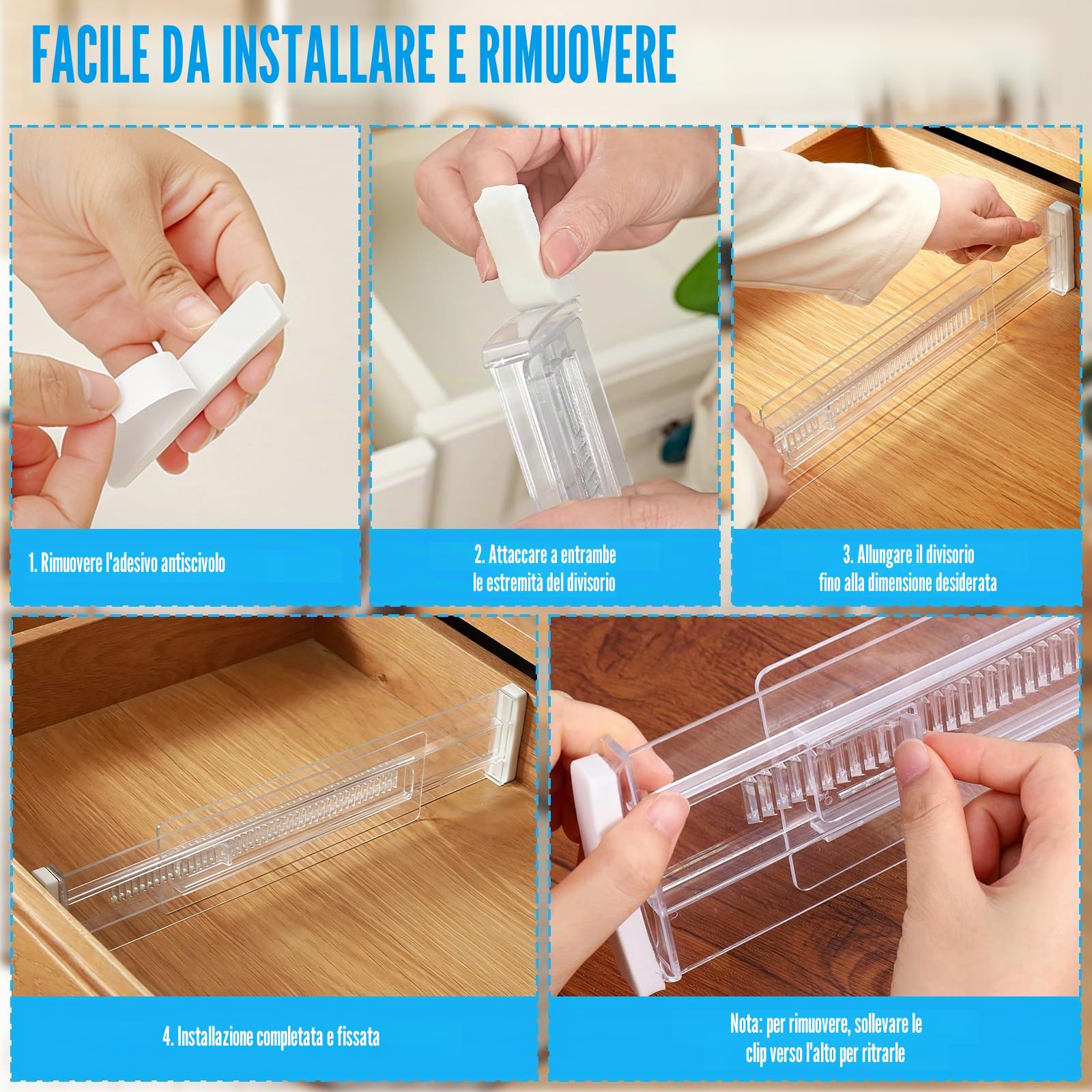 8 Pezzi Divisori per Cassetti Regolabili, Cassetti in Trasparente Separatori, Regolabile Da 28,7 a 50,5 cm, Divisori per Cassetti in Plastica per Bagno,Comò, Cucina O Trucco Conservazione