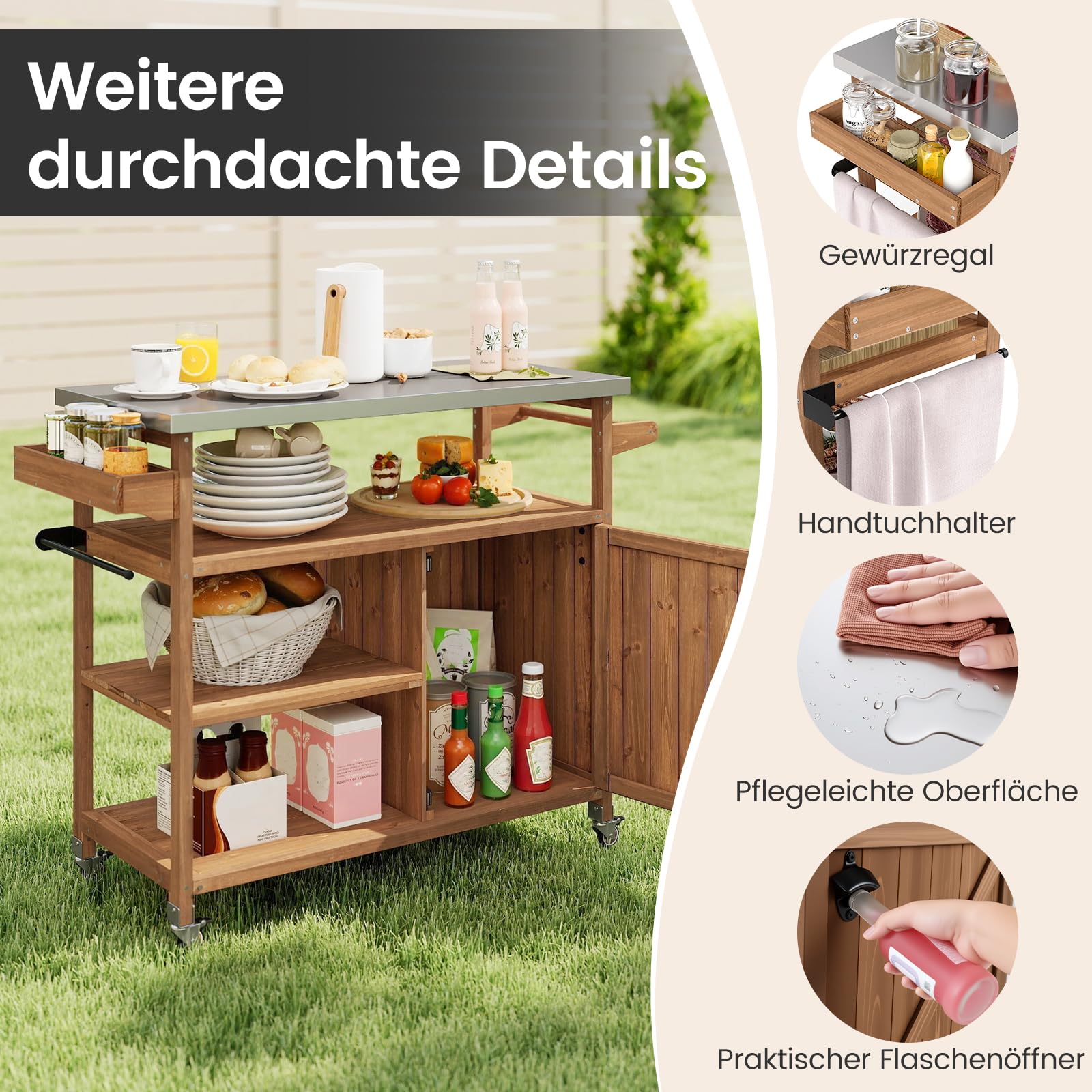 COSTWAY Grillwagen Outdoor, Servierwagen auf Rollen, Kücheninsel mit Edelstahl-Arbeitsplatte, Ablagen, Gewürzregal, Schrank & Handtuchhalter, Grill Trolley BBQ Grilltisch (1 Tür-118 x 47 x 92 cm)