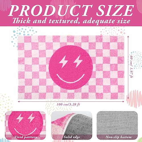 Miniatura 2 de Demissle Alfombra de cara sonriente rosa a cuadros de búfalo divertida para dormitorio, alfombra contemporánea a cuadros, decoración de habitación