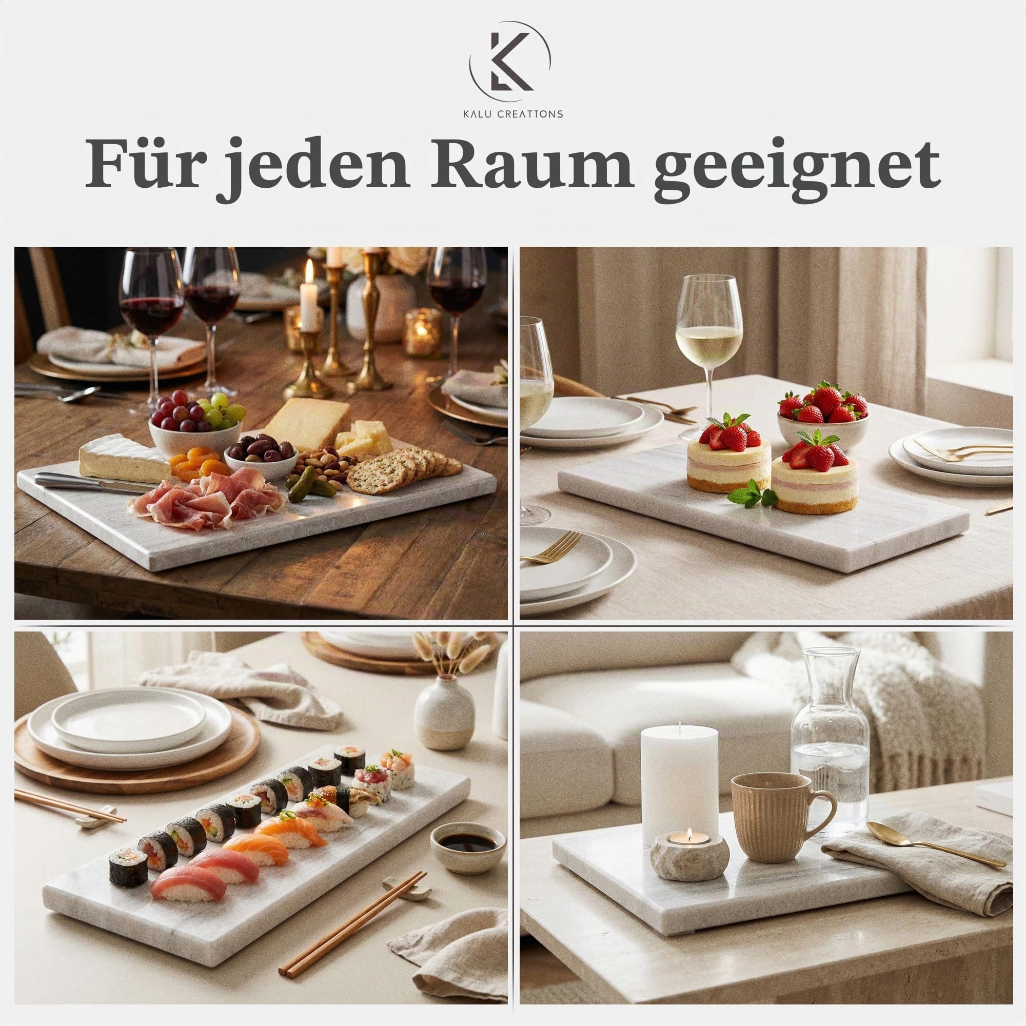 Schneidebrett aus massivem weißem Marmor 40 x 30 cm – Elegantes Küchenbrett für Käse, Sushi und Antipasti – Naturstein dick und schwer – Made in Italy | Kalu Creations