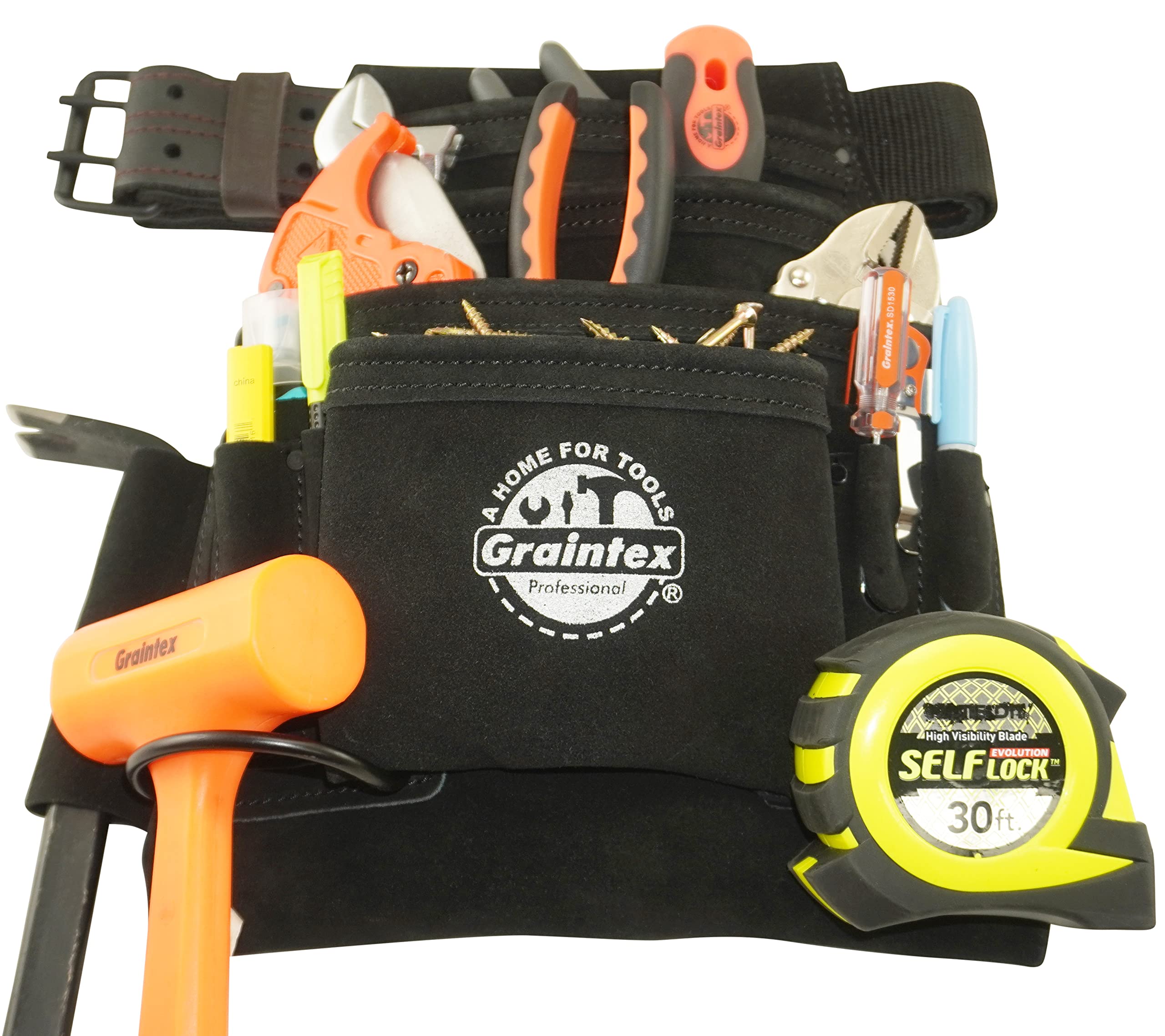Graintex SS2680 - Bolsa de herramientas y clavos de 10 bolsillos, color negro, piel de ante de 2 pulgadas, cinturón de cincha para constructores, electricistas, fontaneros, manitas