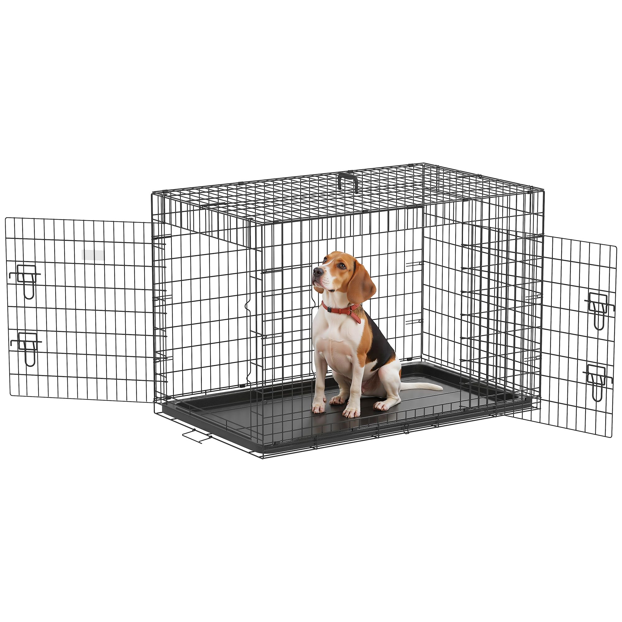 PawHut Transportín de Perro de 2 Puertas Jaula de Alambre para Perros Plegable con Asa Acero 106x71x76cm Negro