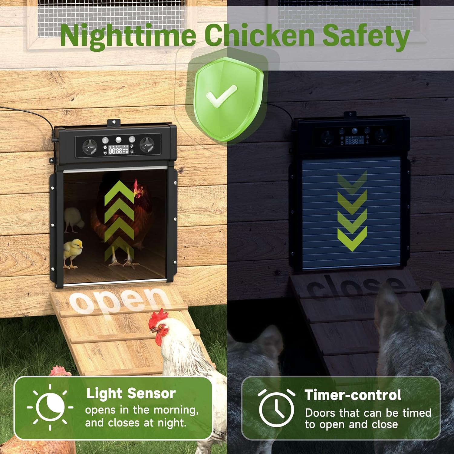 Automatic Chicken Coop Door Solar Powered, LCD Display Chicken Door with Timer & Light Sensor, 4 Modes Auto Chicken Door Solar, Anti-Pinch & Weather Proof Coop Door with Remote Control