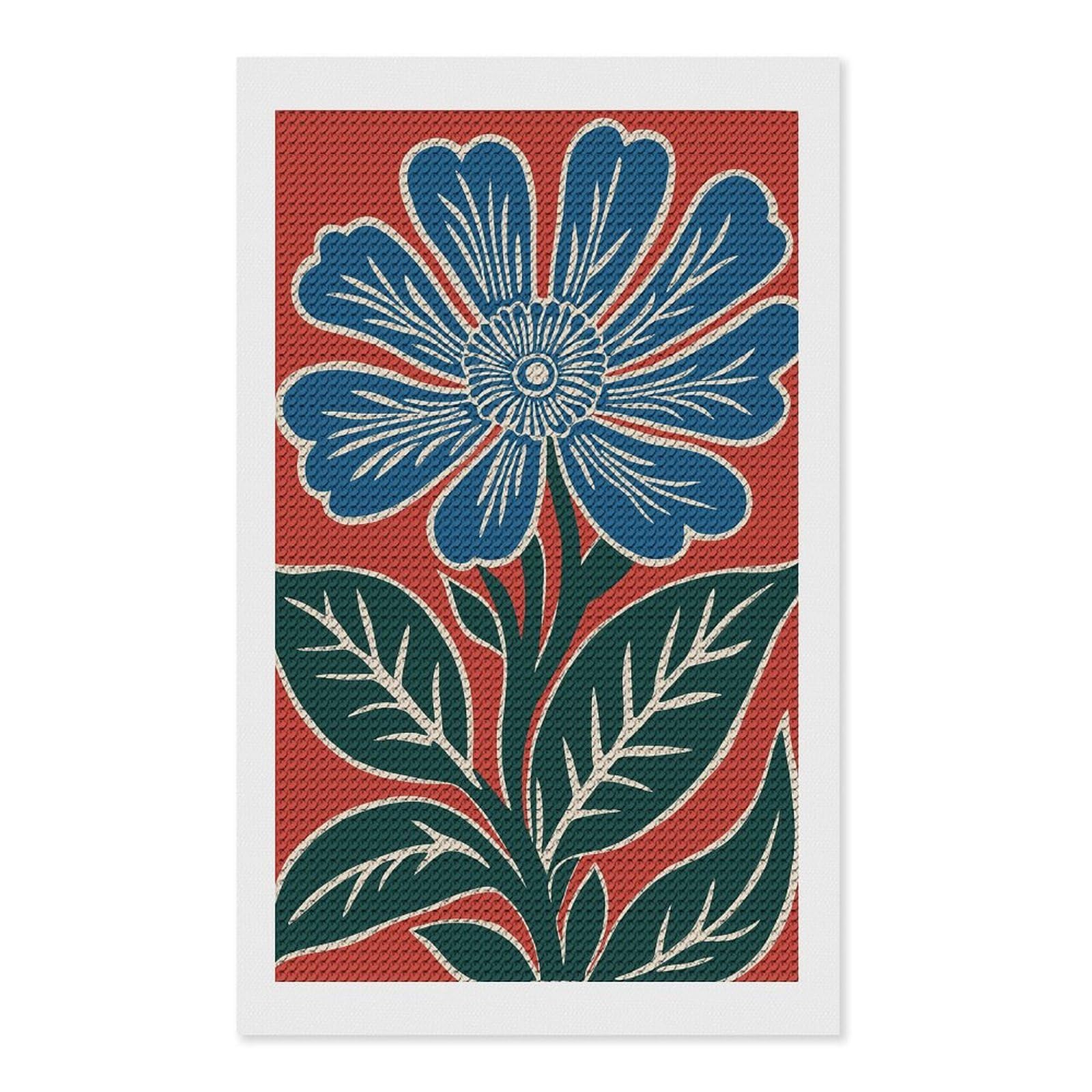 Junmoney Blue Flower on Red Diamond Painting Canvas Set 12"x20", for Women, Pleasing Wall Art Project, Aesthetic Room Decor, Gift Idea