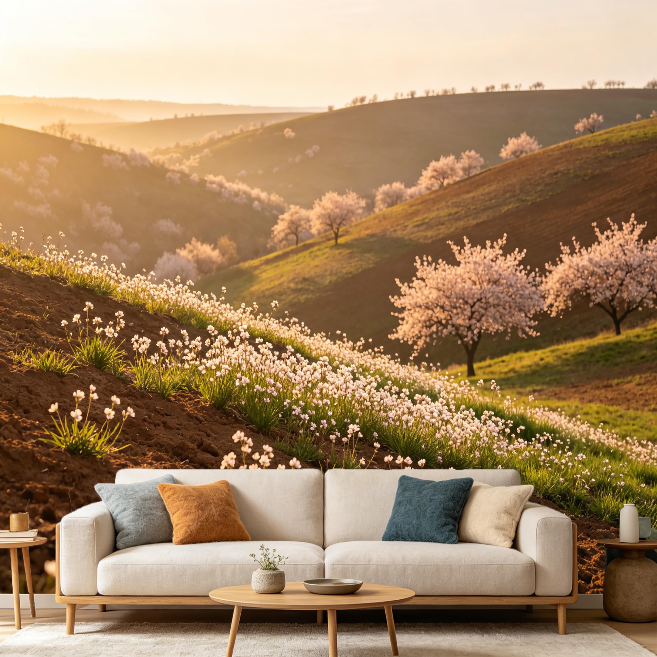 Custom Size Wall Mural Botanical Landscape Spring Morning Blossom Hills SelfAdhesive Art Prints wall Fabric（No PVC） Removable Wallpaper Home Bedroom Decor