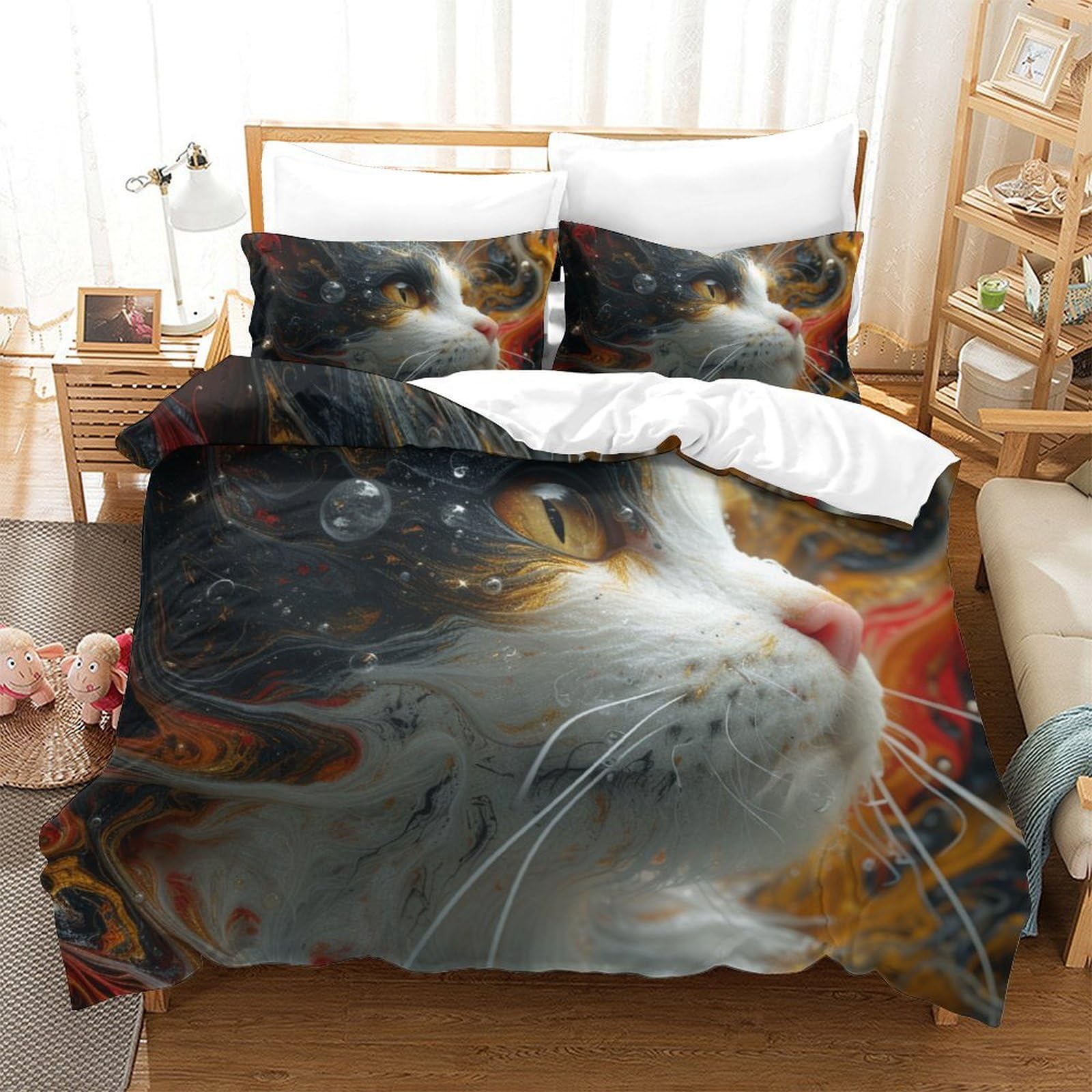 Literie enfants le chat imprimé 3D en microfibre 3 pièces housse de couette 260x220cm