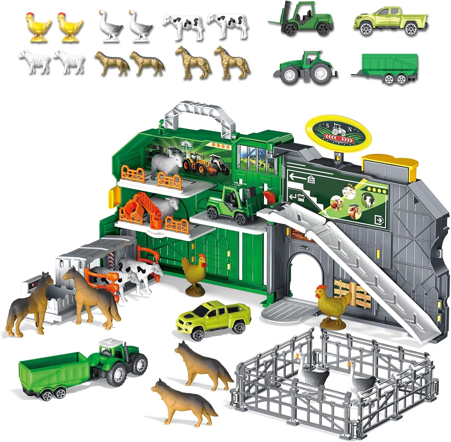 25 Piece Farm Toys for Toddlers 3+ Years Old, Barn House Pretend Play Farm Playset with Portable Handle, Educational Animal Figures Toys for Kids Indoor & Outdoor, Gift for Boys and Girls