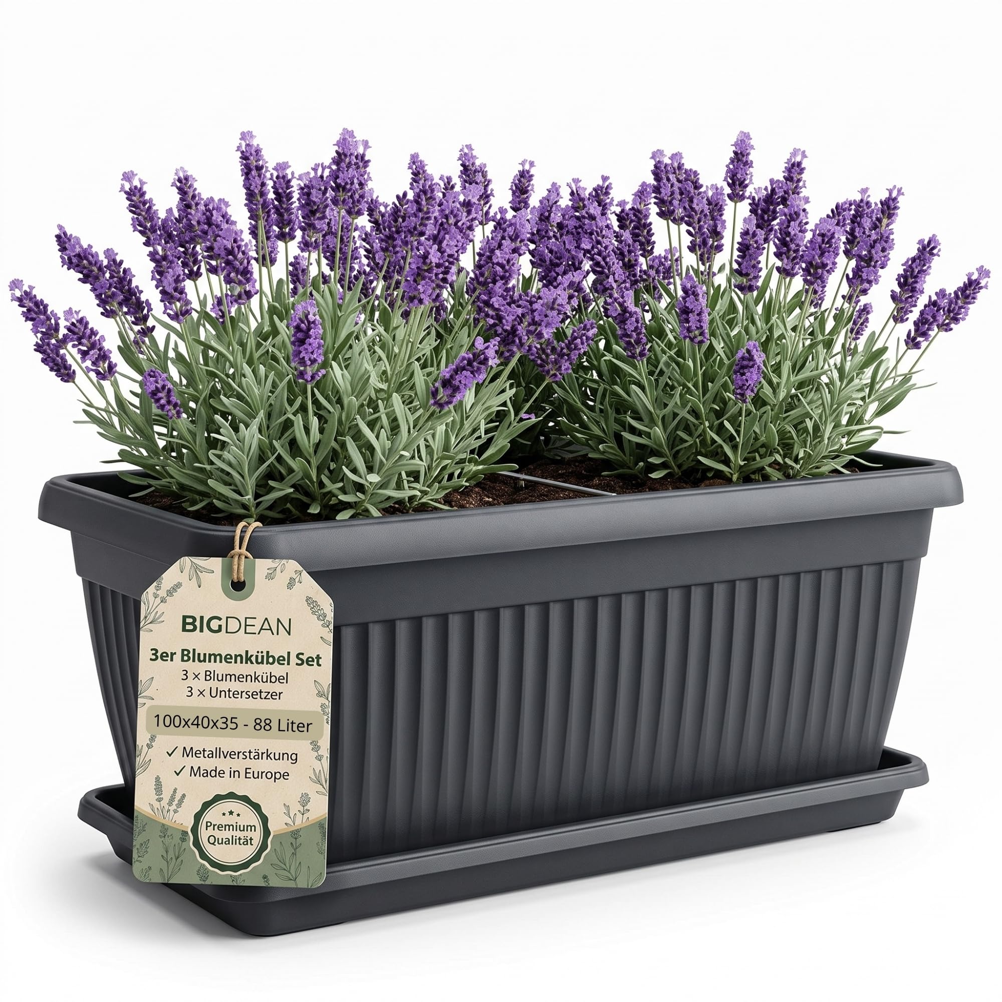 BigDean 3 Stück XXXL Blumenkübel 100×40×35cm 88 L Blumenkasten Blumentopf | Mediterranes Design, Lieferung inkl. Untersetzer, Farbe: Anthrazit, Pflanzkübel, XXXL, Extra-Groß, Pflanztopf
