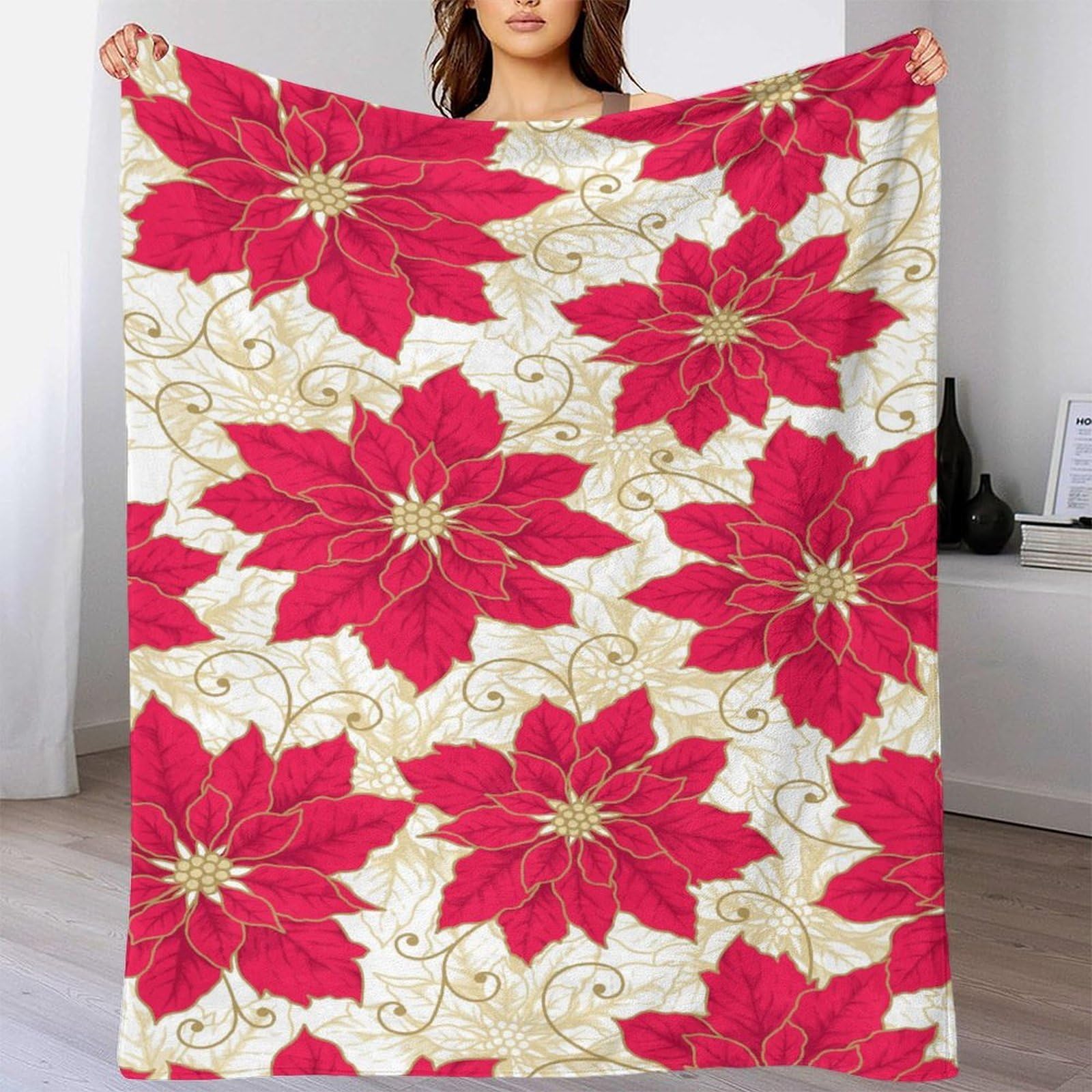Manta de Navidad 3D Impresa Ponsettia Microfibra Decoración Hogar Manta Floral Navideña Suave Cálida para Sofá Dormitorio 60x80inch(150x200cm)