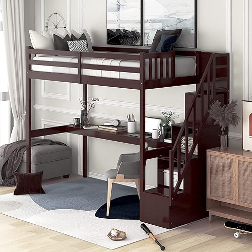 Miniatura 210 de Quarte Cama alta multifuncional, cama alta tamaño matrimonial con escritorio integrado y estantes de almacenamiento, dos cajones y escalera de