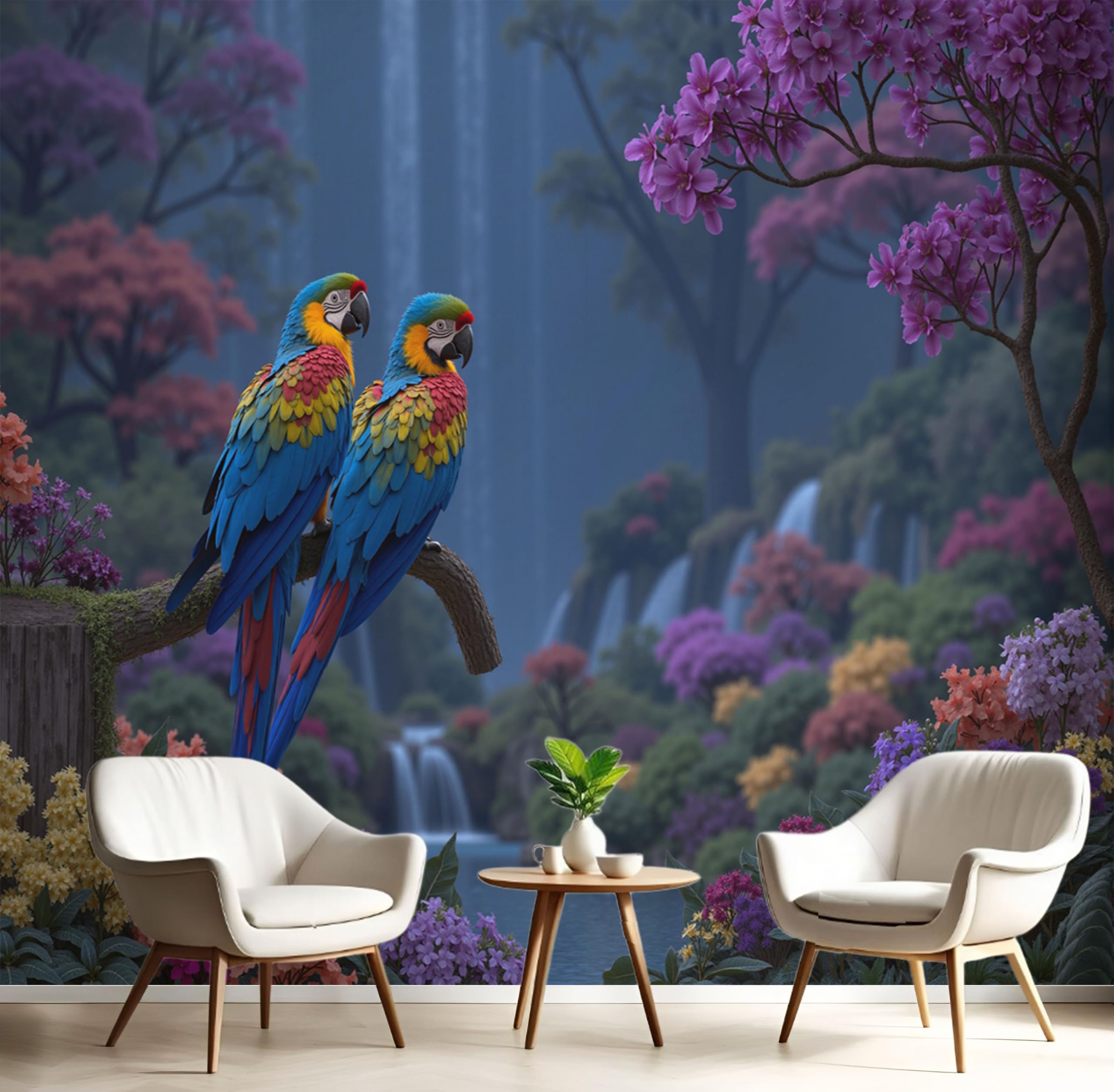 Papier peint forêt tropicale pour masquer un mur vide et agrandir le salon