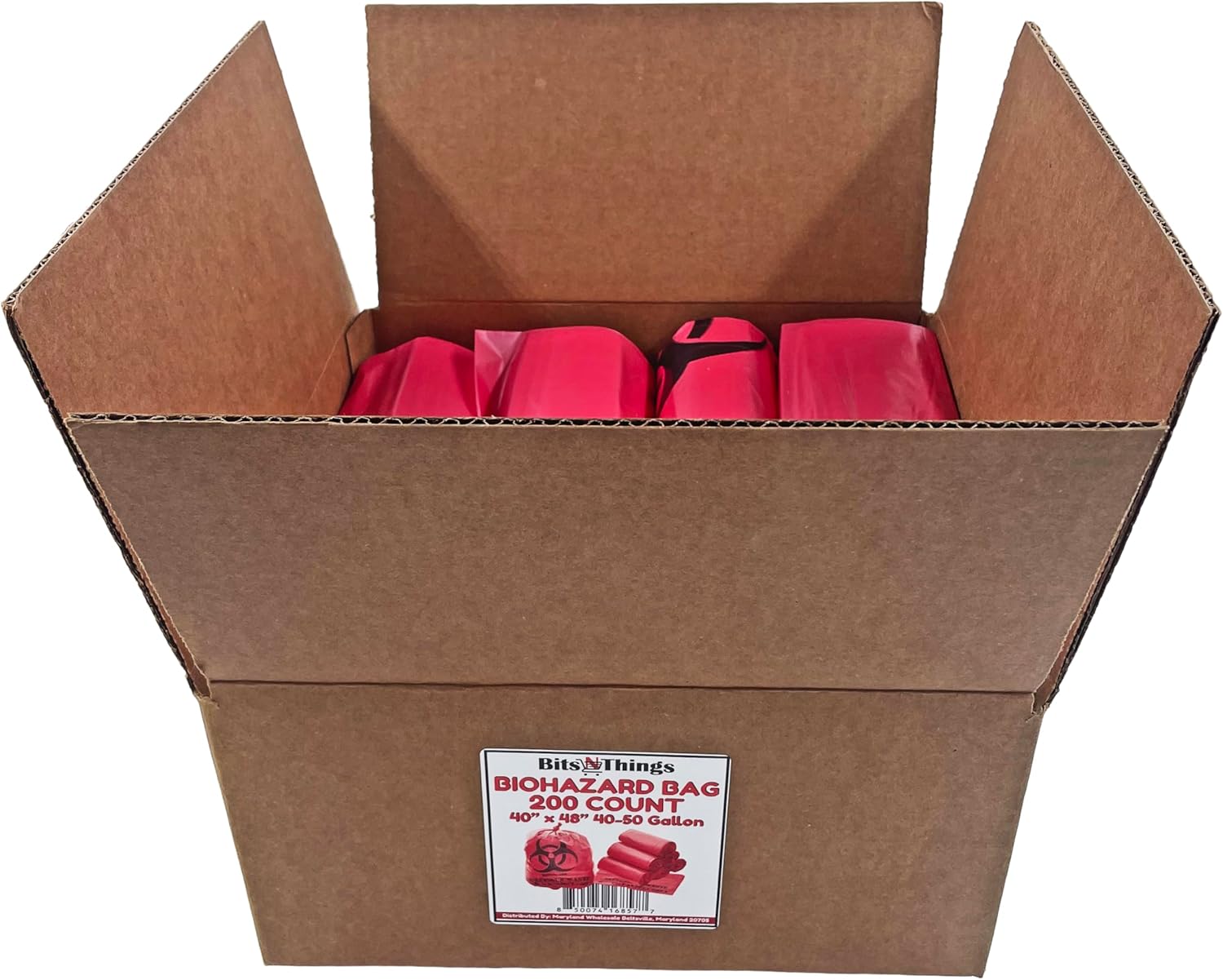 Bits N Things Infectious Biohazard Red Waste Bags Hazardous Trash Can Liners | Medical Grade No Leak Bags | Great for Lab Containers, Swabs, Pads, Gloves | 200 Count - 40" x 48" (40-50 Gallon)