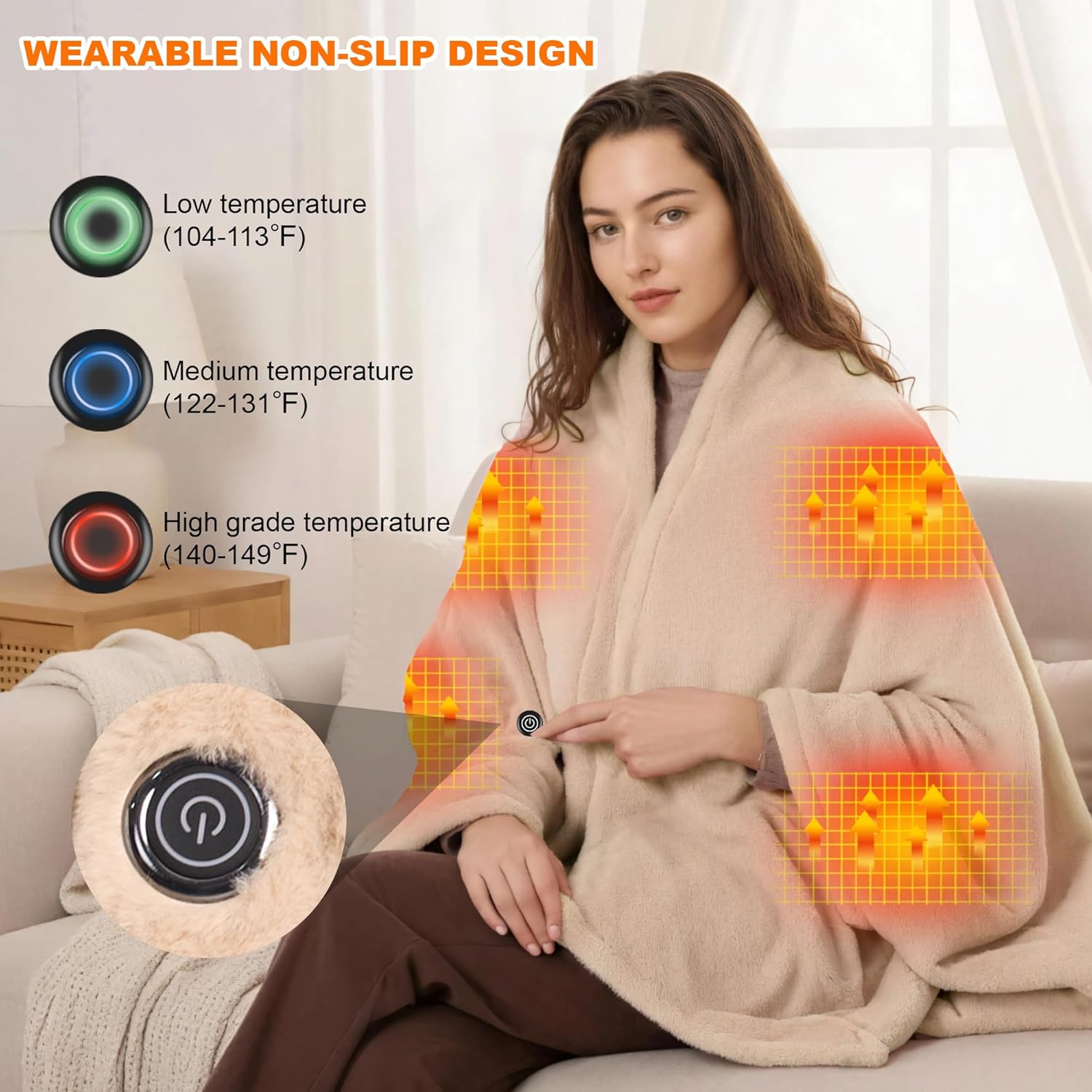 Heated Blanket Battery Operated with Fleece Lining 7.4V 16000mAh Battery 62" x 35" Heated Shawl Wraps for Women Men Cordless USB Outdoor Portable Electric Blanket 6 Heating Zones Khaki - Image 3