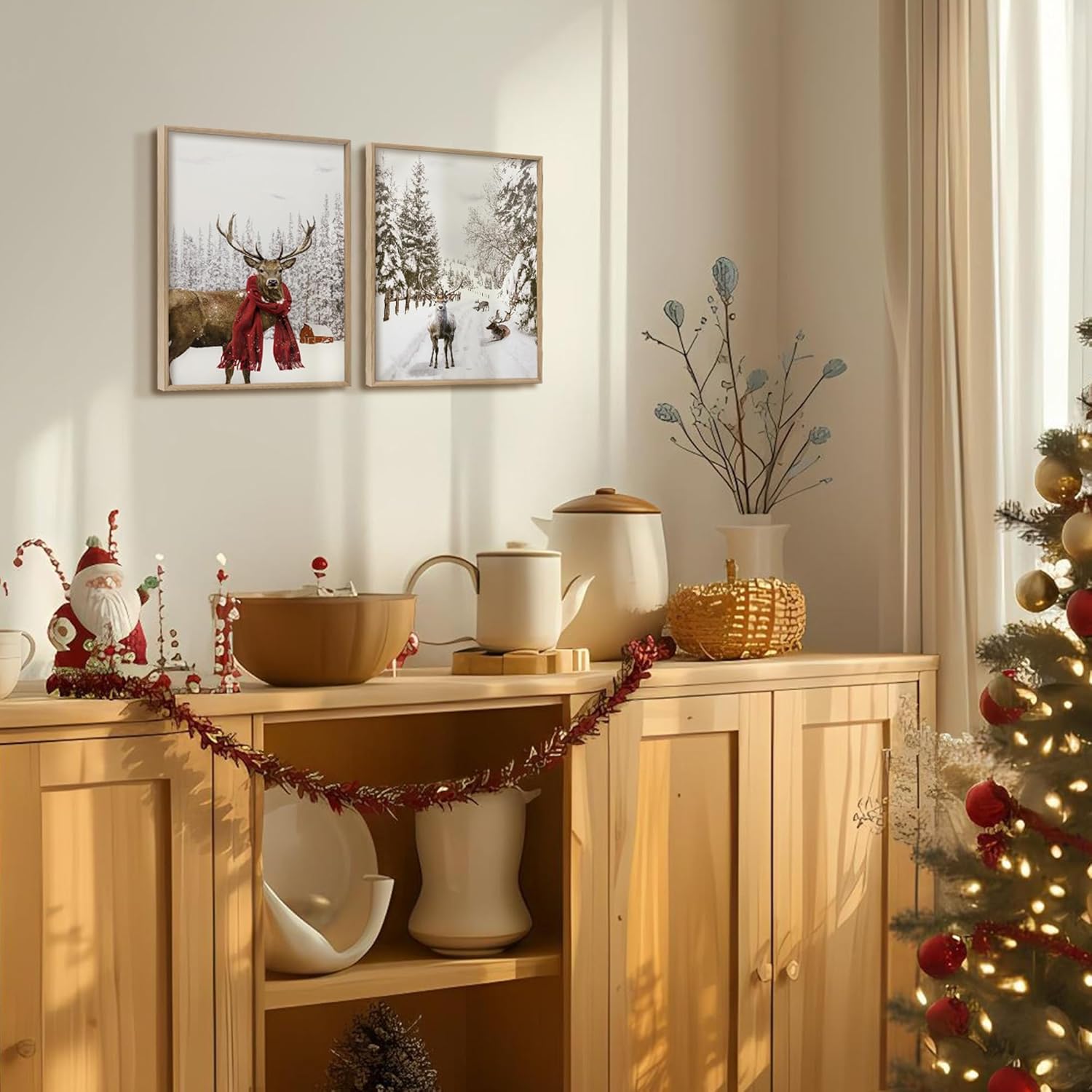 ArtbyHannah Framed Christmas Canvas Wall Art Decor Set of 2, Xmas Pictures Prints Paintings for Living Room Bedroom, Winter Snowy Holiday Home Indoor Decorations with Reindeer and Tree (12x16 Inch)