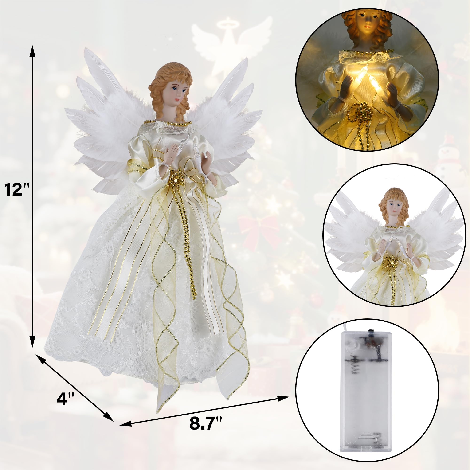 YOFIT Decoración para árbol de Navidad de ángel iluminado de 12 pulgadas, funciona con pilas con luces LED blancas cálidas, adornos de ángel para decoración de árbol de Navidad, decoración navideña