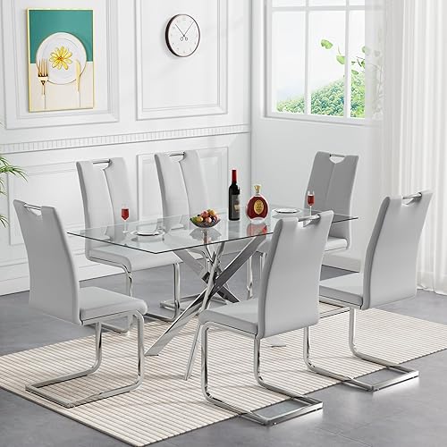 Miniatura 29 de Henf Juego de mesa de comedor de 5 piezas para 4, mesa de cocina y sillas de cristal modernas para 4, juego de mesa de comedor con mesa de comedor
