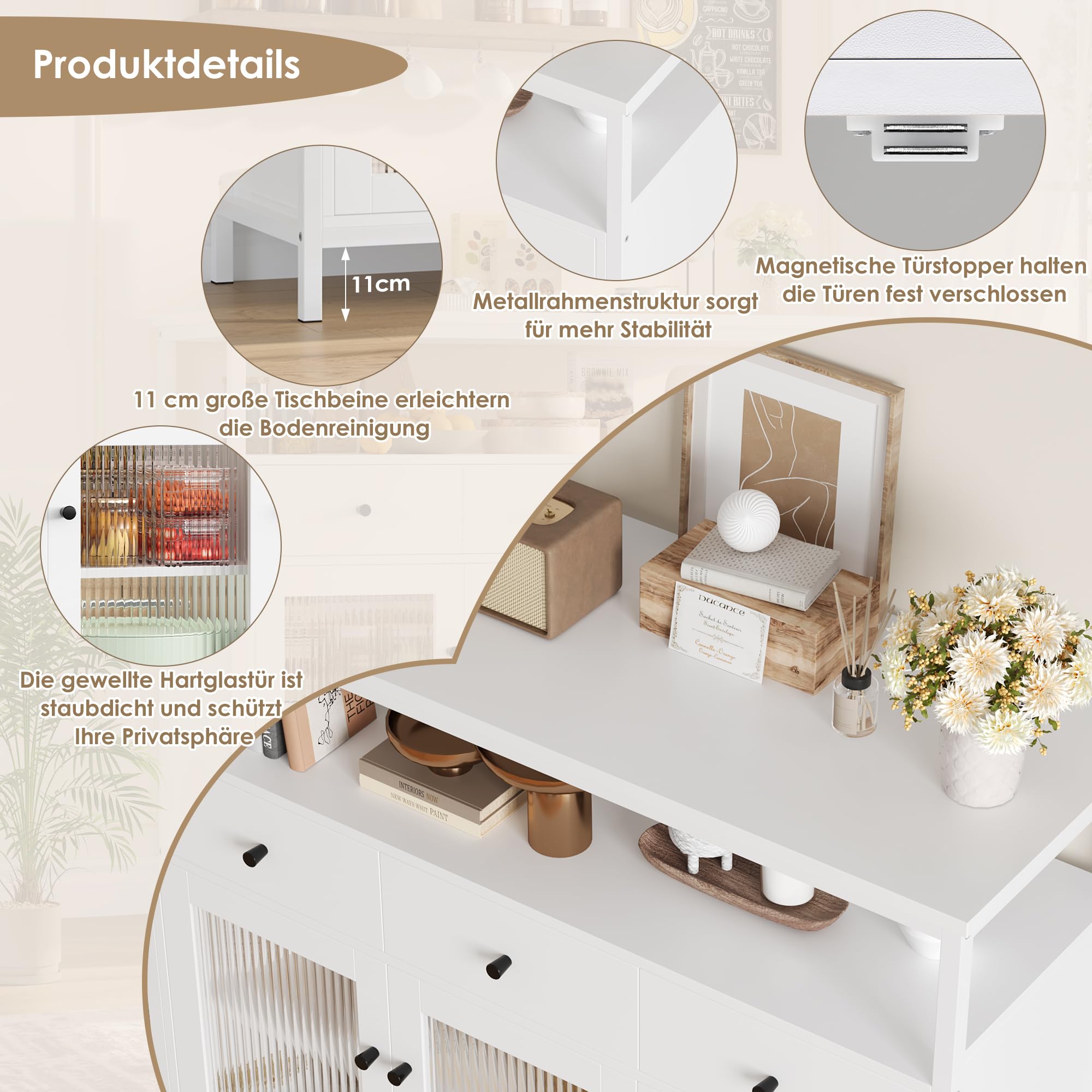 FirFurd Sideboard Küchenschrank mit Arbeitsplatte 3 Schubladen 3 Glastüren | Buffetschrank mit offenem Fach, Küchenbuffet mit Metallrahmen, für Wohnzimmer Küche Esszimmer, 108 x 38 x 98,5 cm