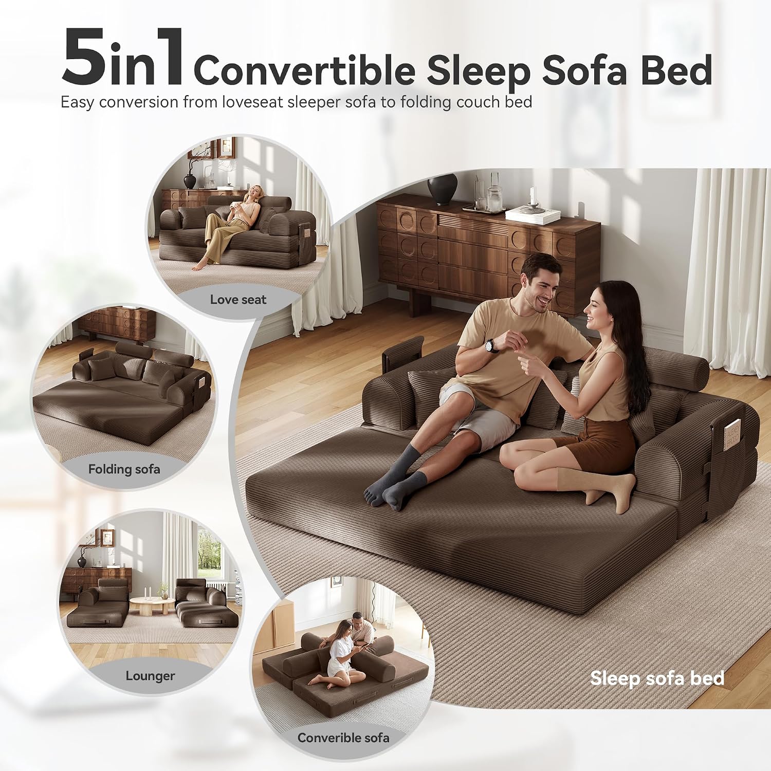 Convertible Corduroy Sofa Bed with Removable Armrests and Backrest - High Backrest Brown