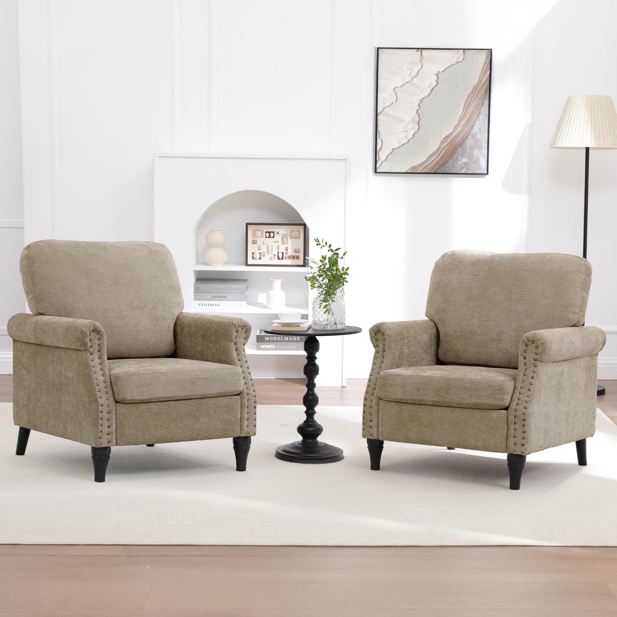 choairy Accent Chair for Living Room, Modern Mid Century Reading Chair Armchair High Back Upholstered Armchair with Wooden Legs for Living Room Bedroom Office (Brown, 2PCS)