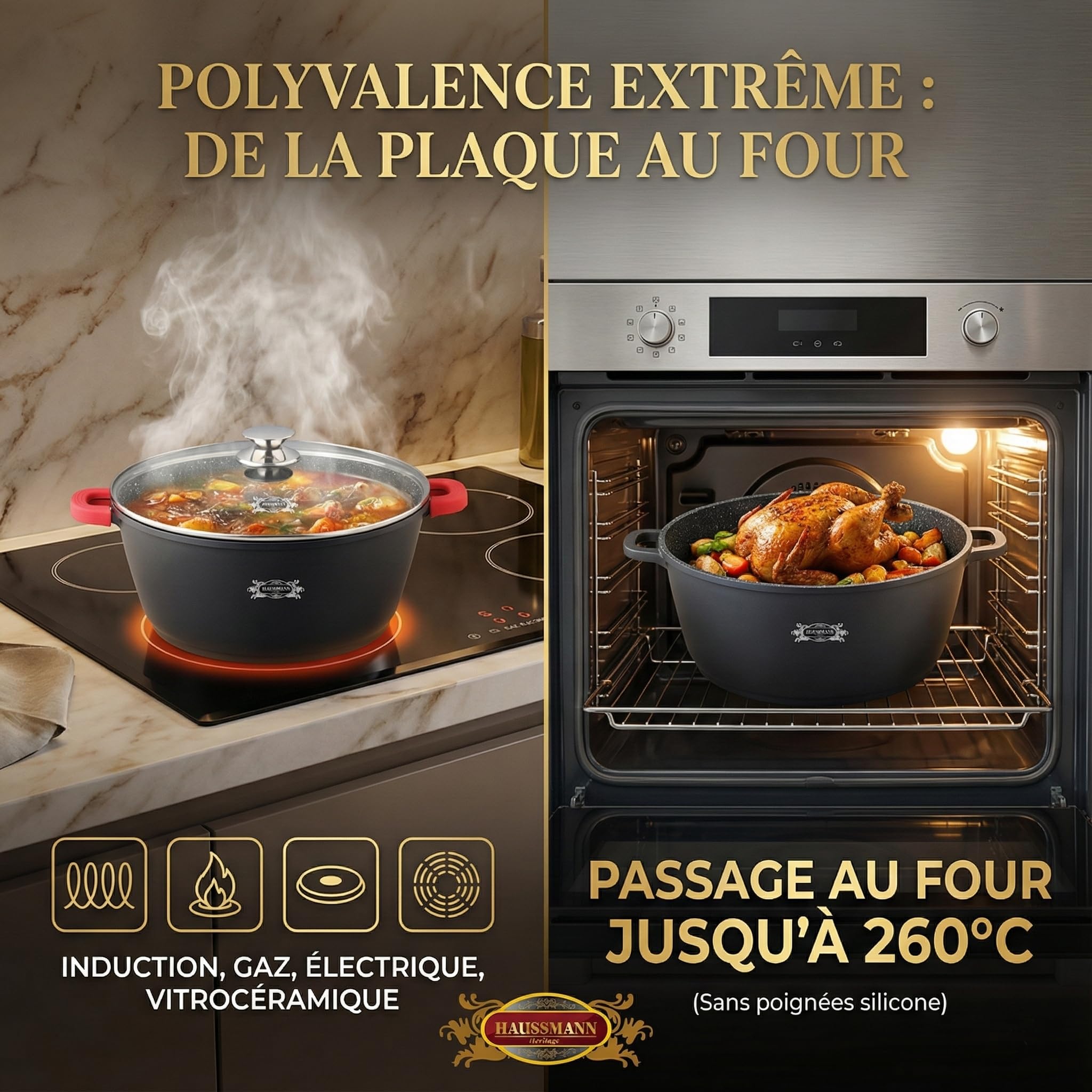HAUSSMANN Heritage Marmite Faitout 32cm 9.4L – Fonte d'Aluminium Revêtement Pierre Antiadhésif – Compatible Induction & Four – Couvercle Verre & Poignées Silicone – Sans PFOA – Design Français