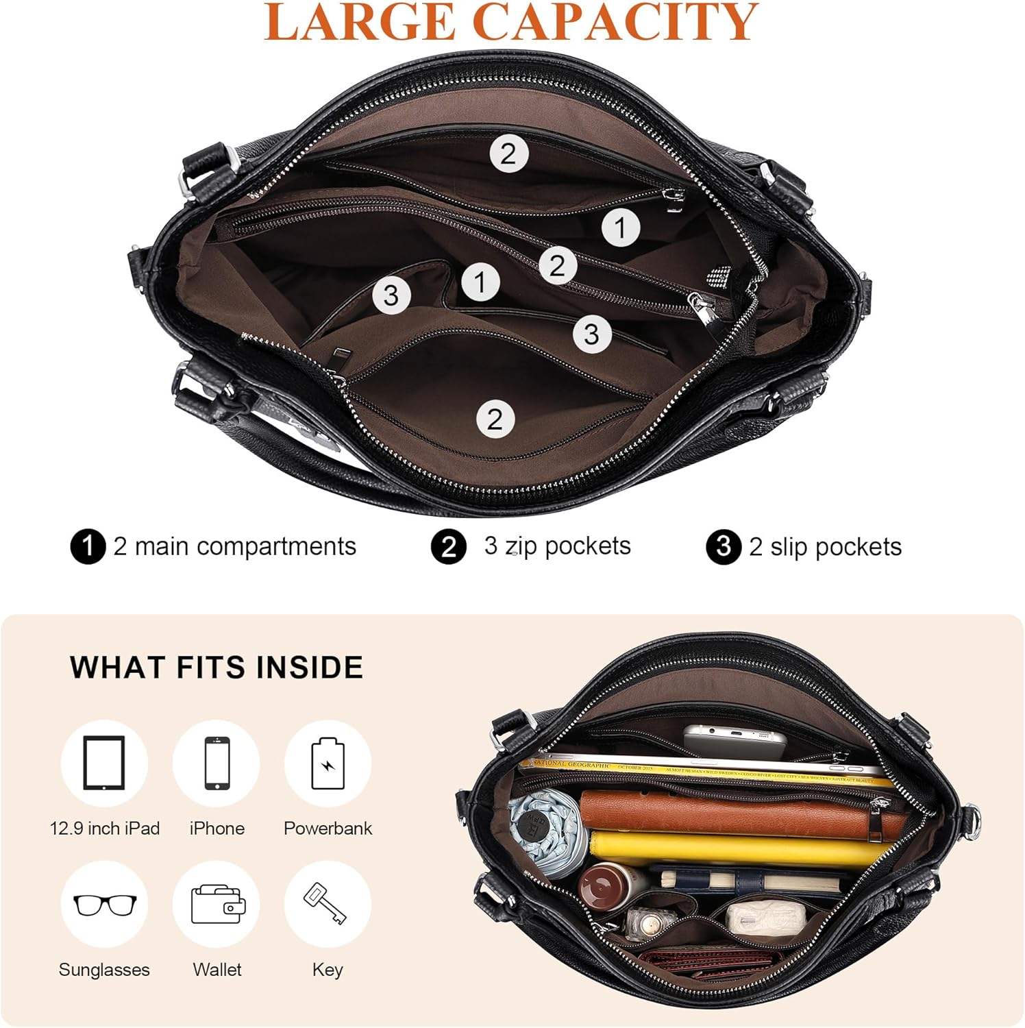 Over Earth Genuine Leather Purses for Women Large Hobo Bags Lady Shoulder Handbags with Detachable Strap - Image 5