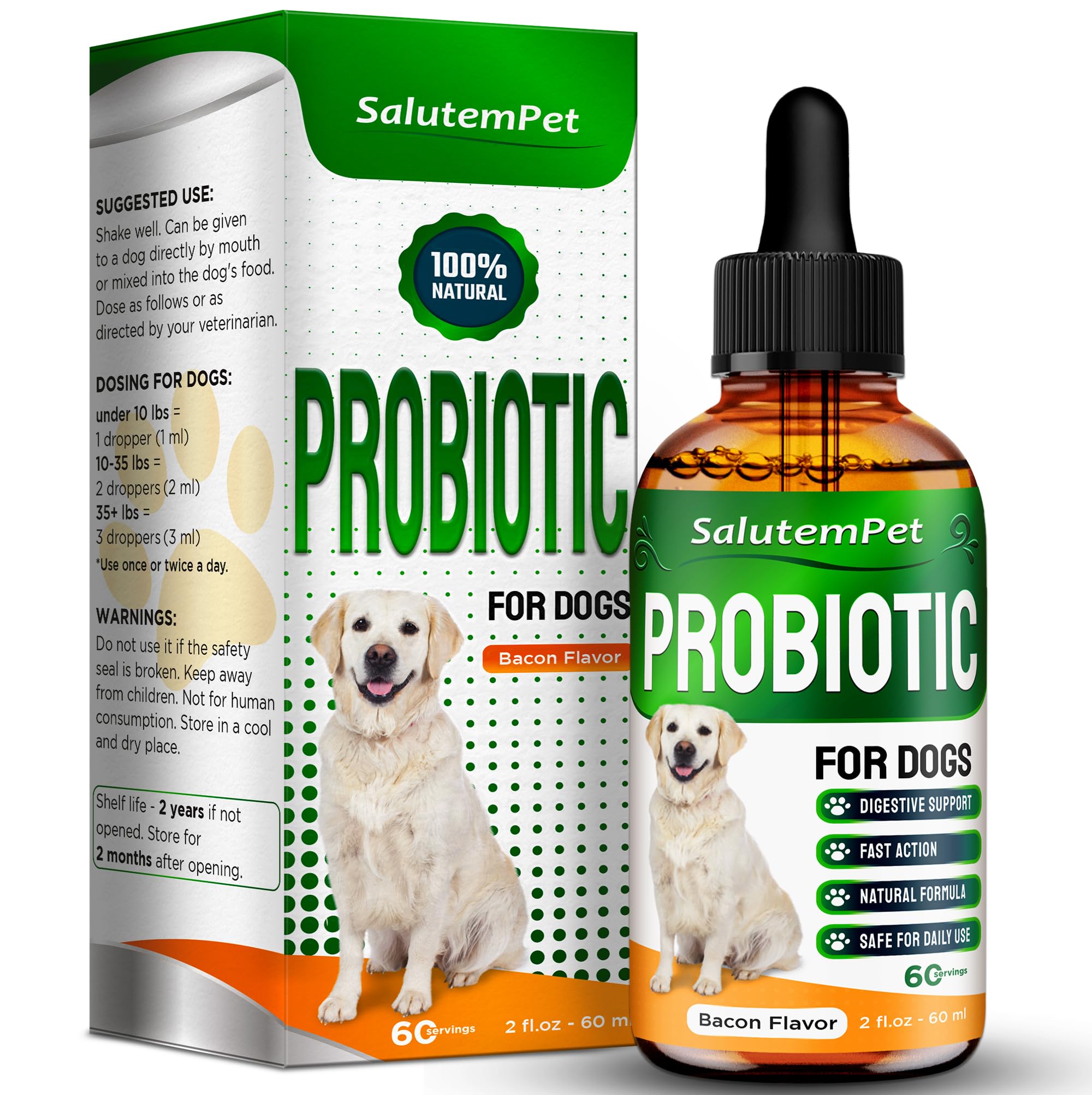 Probiotics for Dogs | Liquid Probiotics for Dogs and Puppies | Prebiotic & Digestive Enzymes | Gut Flora Support and Digestive Care | Bacon Taste | 2 Oz