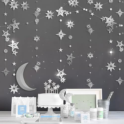 Miniatura 12 de Cheerland Guirnaldas de estrellas azules reales, decoraciones de fiesta de estrellas con purpurina, guirnalda de estrellas de luna, serpentinas