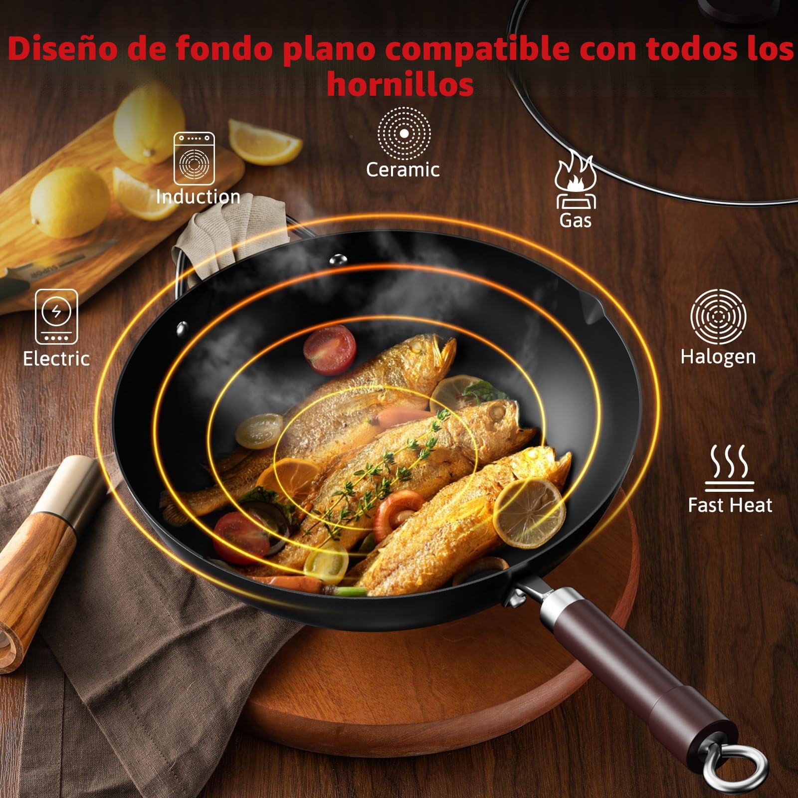 Jobin 32 cm/12,6'' Wok de Acero al Carbono con Tapa, Asas de Madera y Acero, Puede Cocinar Platos Asiáticos Para 3-5 Personas - Fondo Plano