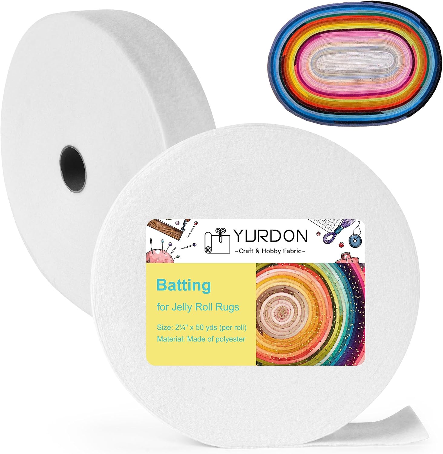 Batting Strips for Jelly Roll Rugs 2-1/4 Inch by 50 Yard, 2 Roll, Total 100 Yard