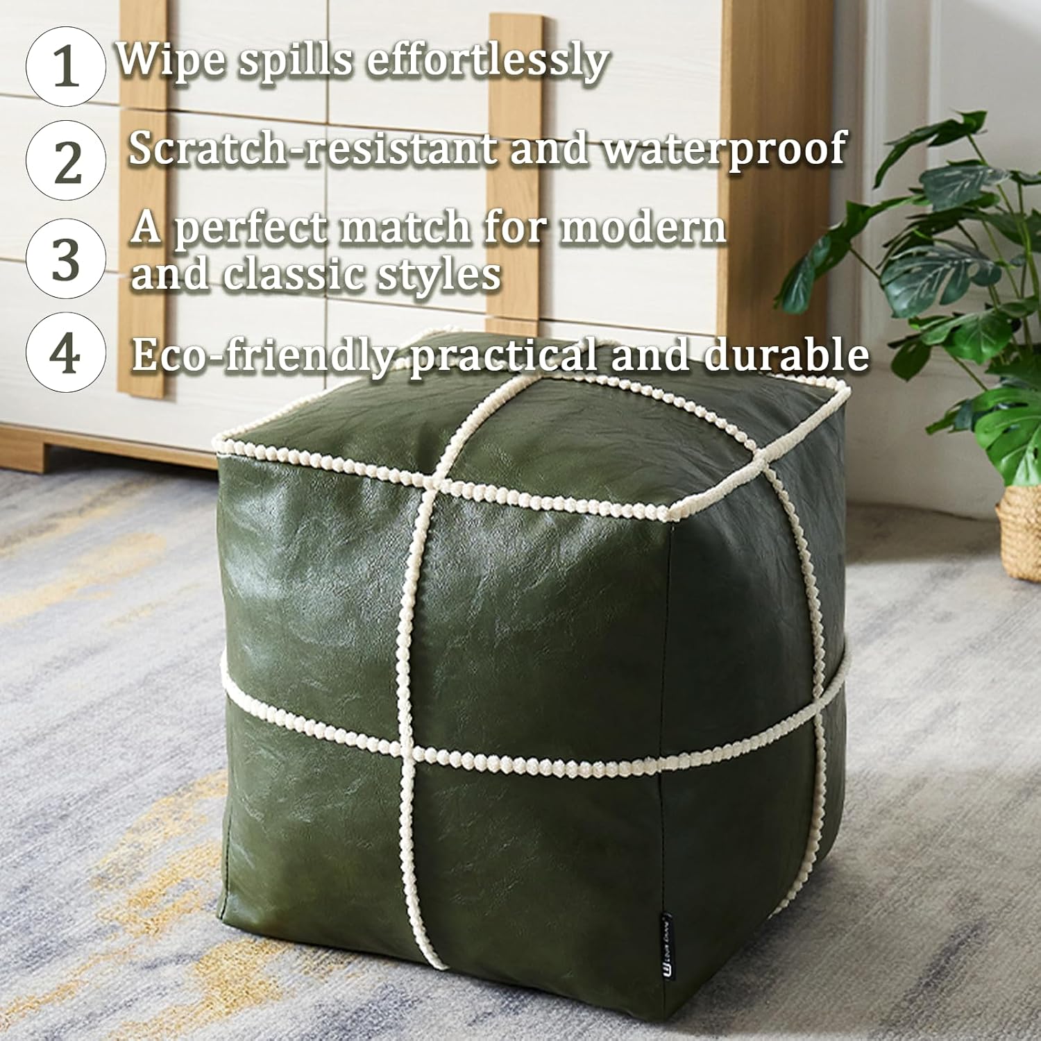 Louis Donné Square Unstuffed Pouf Ottoman Cover - Waterproof Faux Leather Footstool for Living Room, Moroccan Boho Poufs Foot Rest with Storage, Easy Clean, 18 Inch, Green（Only Cover No Filler