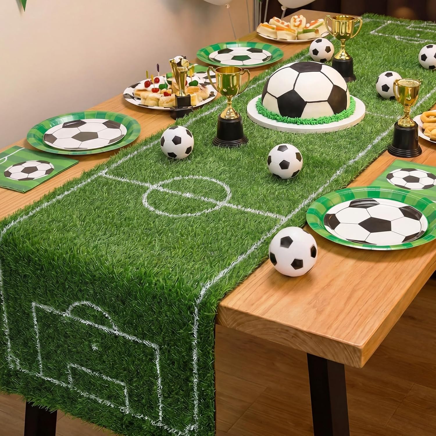 Batiyeer Soccer Table Runner 59 x 24 Inch Large Polyester Football Pitch Table Runner Decor for Sports Theme Party Decorations Realistic Grass Field Design for Party Favors Kitchen Dining Home