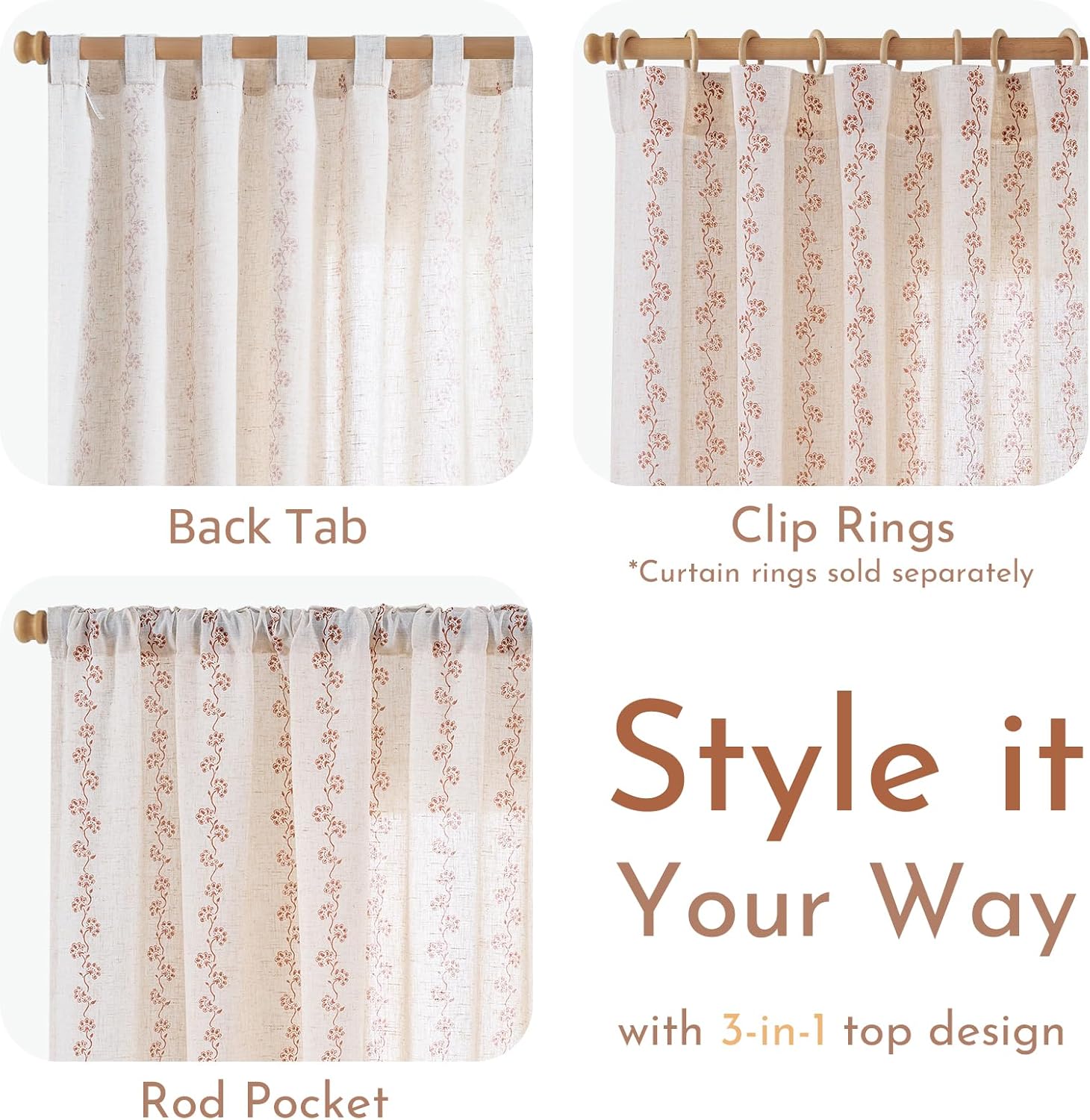 Lazzzy Cathy Linen Floral Curtains for Living Room Terracotta Curtains for Bedroom Farmhouse Drapes 84 Inches Length 2 Panels Back Tab W50 x L84 Terracotta on Linen