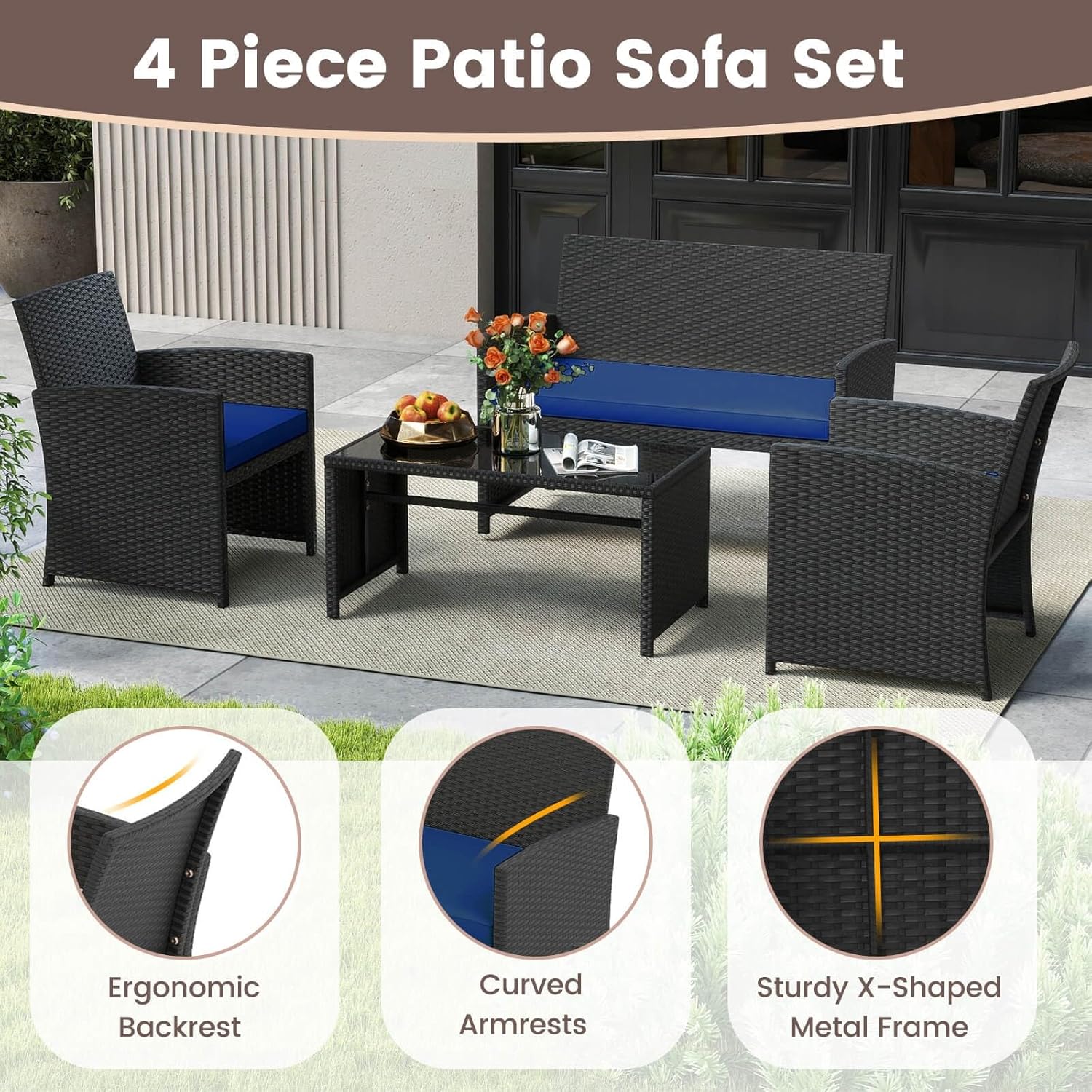 4 PCS Stable Patio Conversation Set w/Blue Seat Cushions & Tempered Glass Tabletop Outdoor