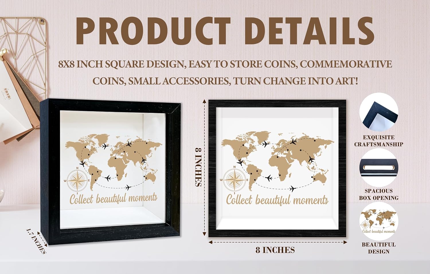 Black Travel Shadow Box Frame with Slot, Collect Beautiful Moments Boxes Frames for Fund, 8x8 Memory Box for Keepsakes, Travel Gifts and Decorations, 09 image 2