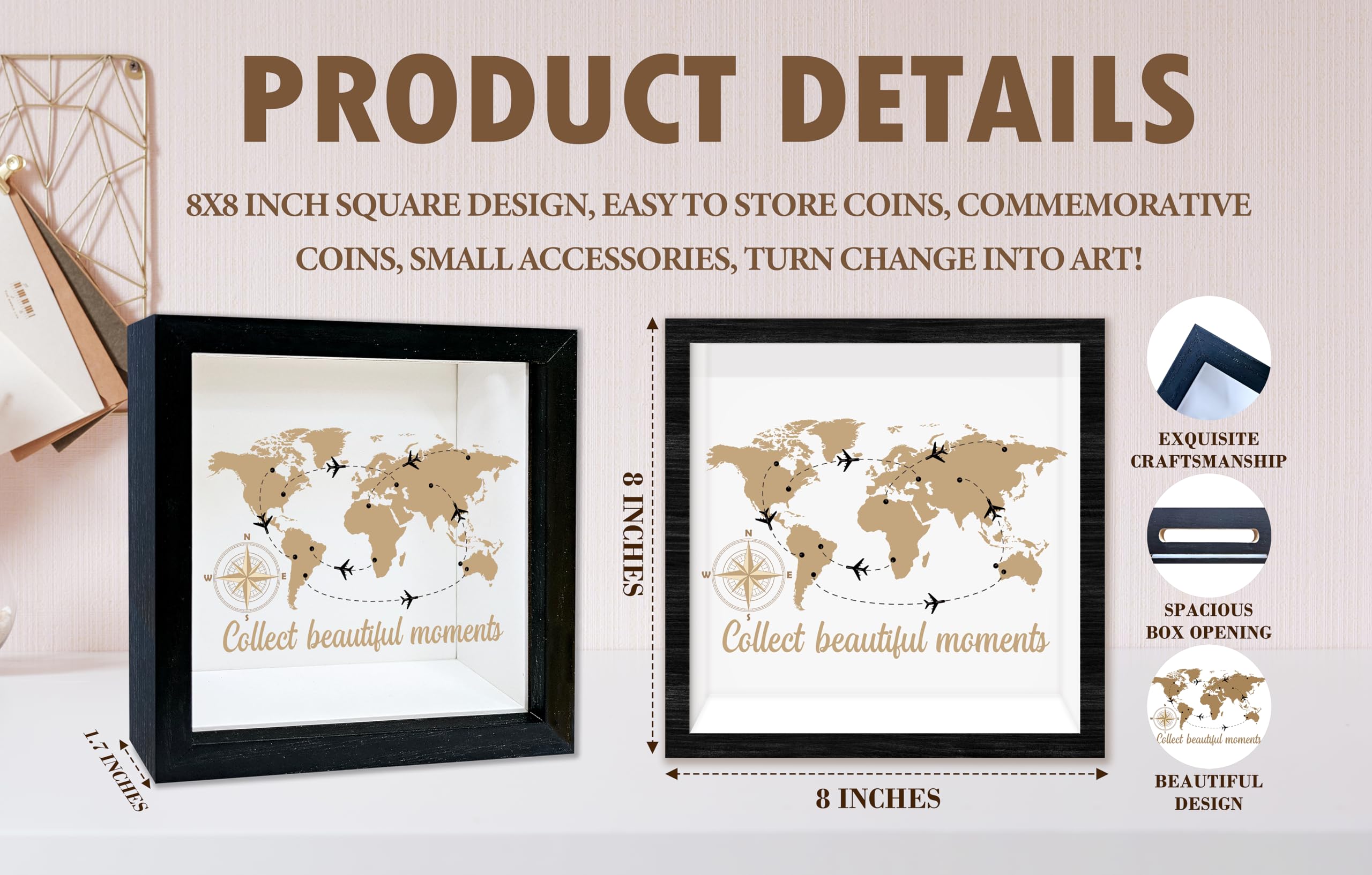 Black Travel Shadow Box Frame with Slot, Collect Beautiful Moments Boxes Frames for Fund, 8x8 Memory Box for Keepsakes, Travel Gifts and Decorations, 09