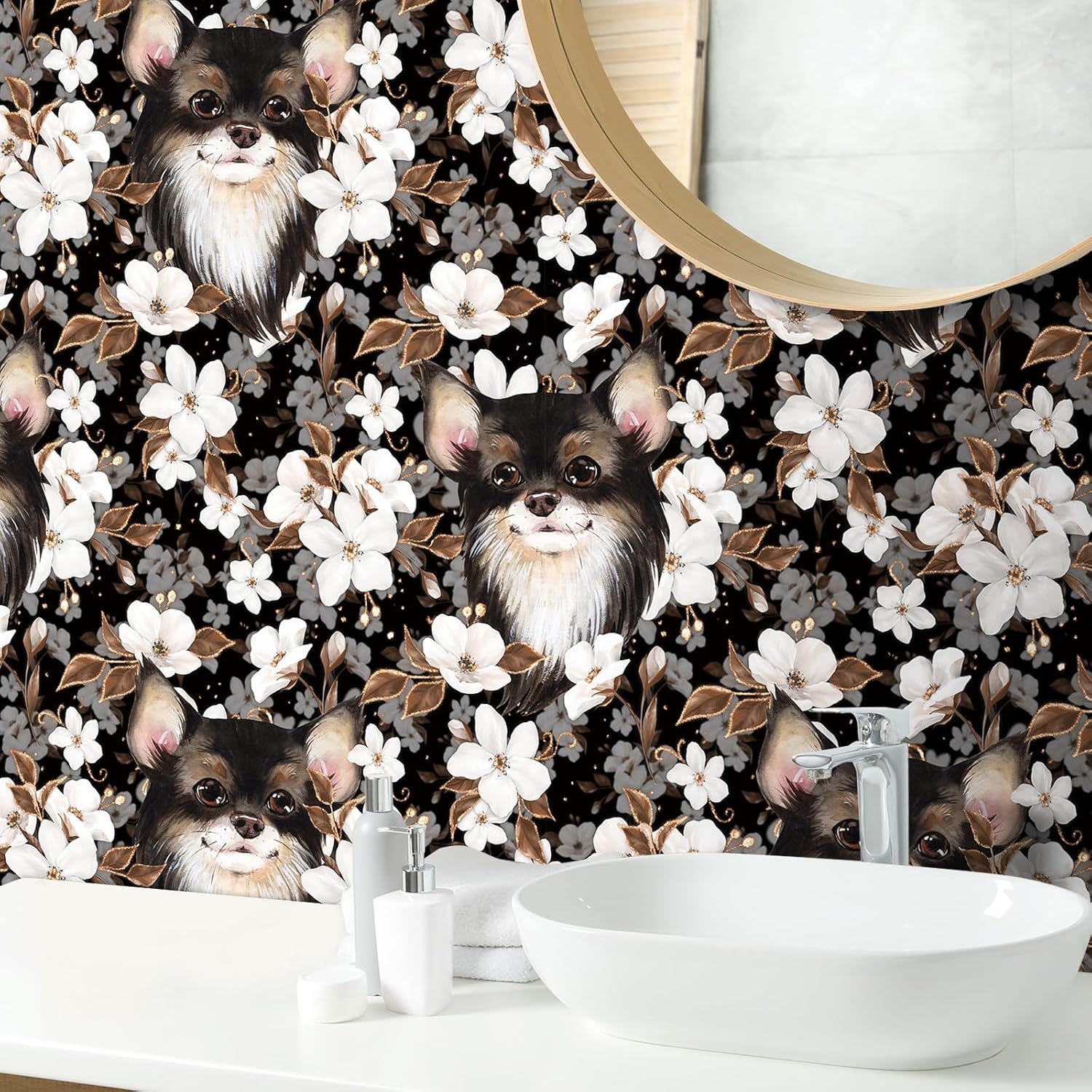 ReWallpaper Black and White Dog Wallpaper Peel and Stick Vintage Floral Contact Paper Removable Wall Mural with Chihuahua Pattern Wall Decor for Cabinets Kids Room Bathroom Accent Walls 17.5inX23ft